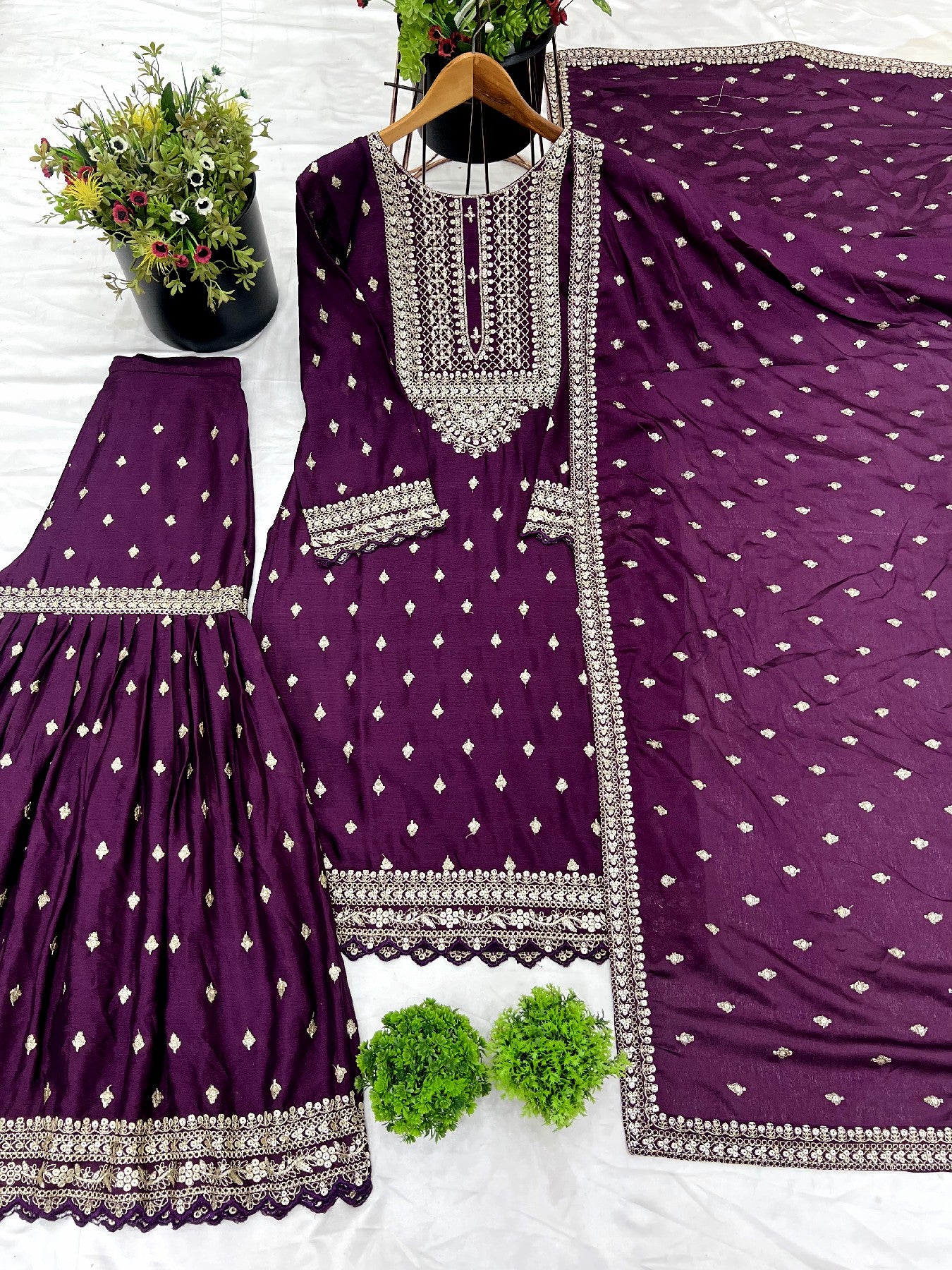 Exquisite Chinon Silk Heavy Sequins Embroidered Top Sharara Suit
