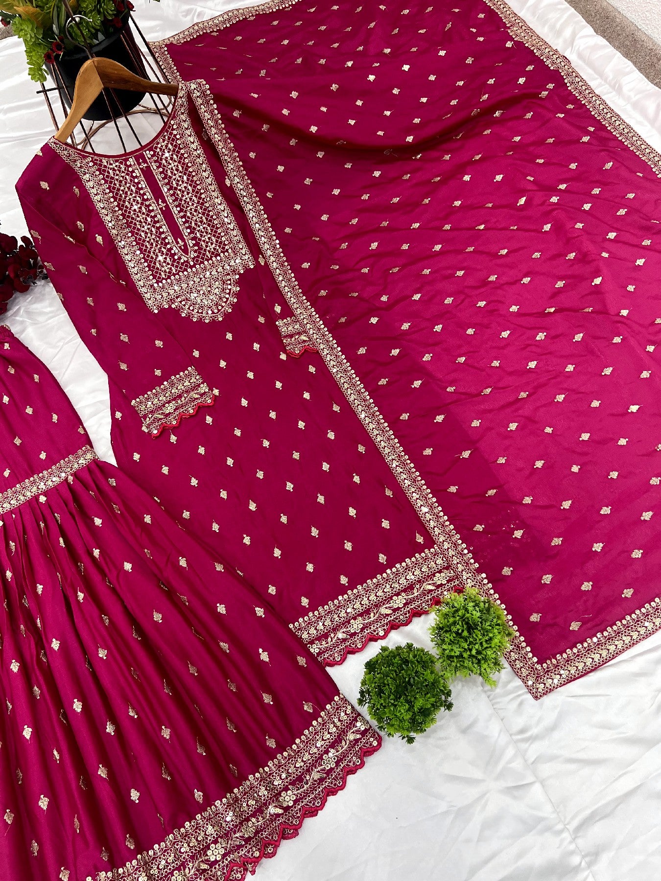 Exquisite Chinon Silk Heavy Sequins Embroidered Top Sharara Suit