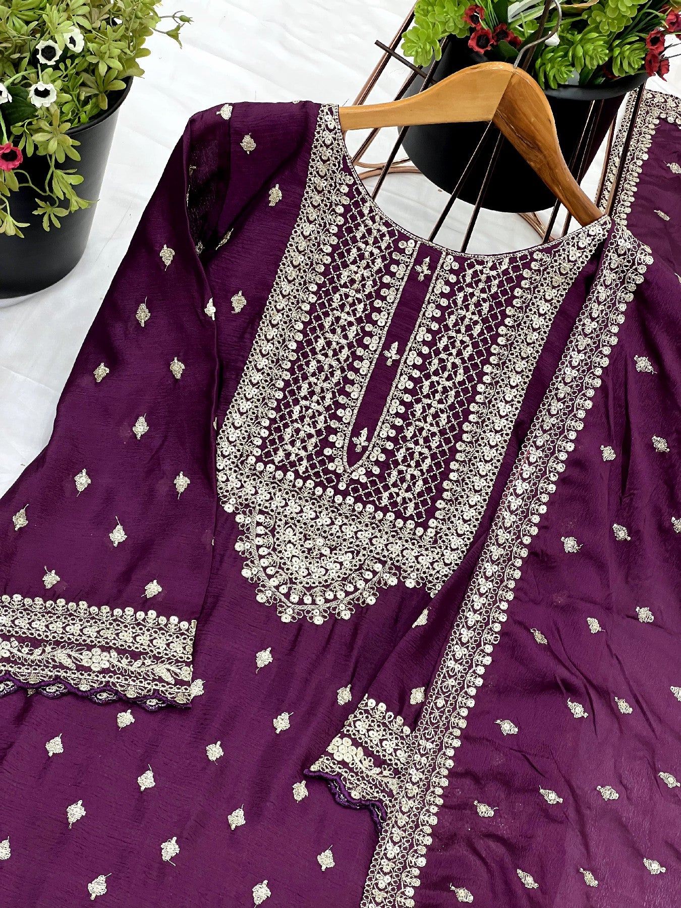 Exquisite Chinon Silk Heavy Sequins Embroidered Top Sharara Suit