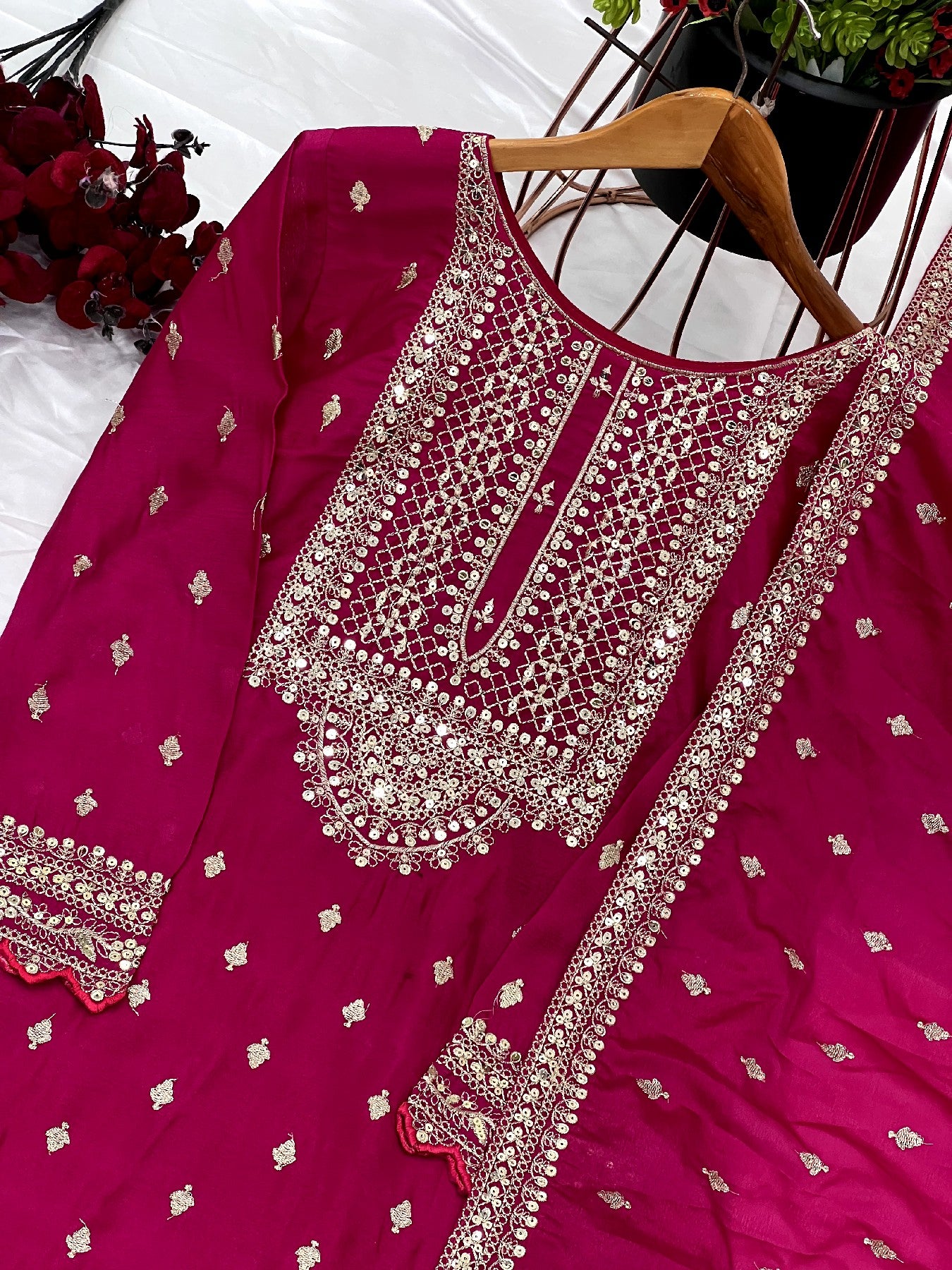 Exquisite Chinon Silk Heavy Sequins Embroidered Top Sharara Suit