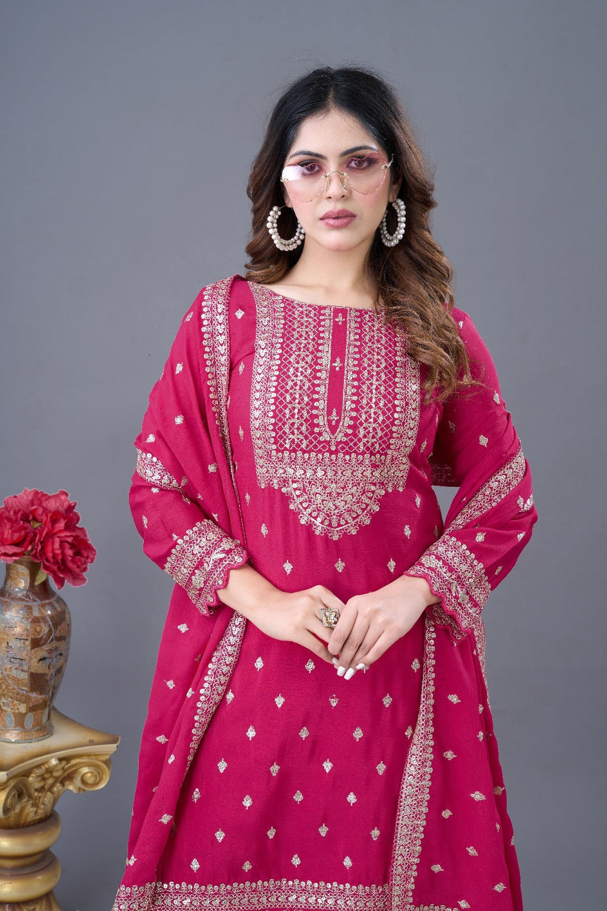 Exquisite Chinon Silk Heavy Sequins Embroidered Top Sharara Suit