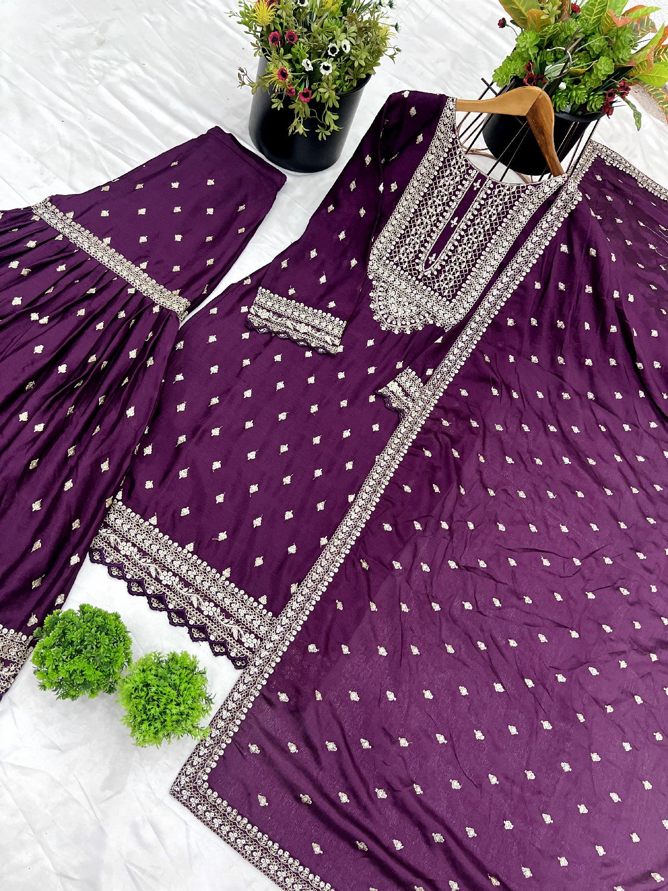Exquisite Chinon Silk Heavy Sequins Embroidered Top Sharara Suit