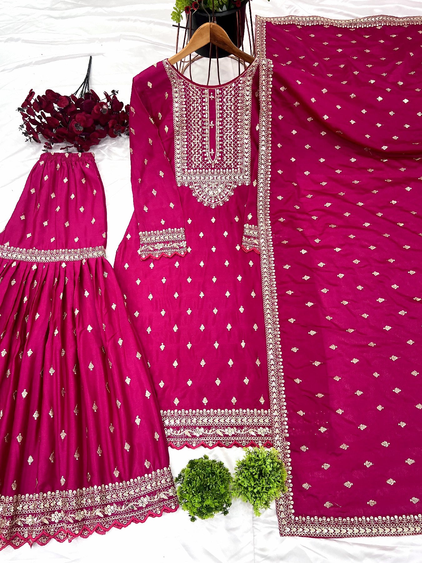 Exquisite Chinon Silk Heavy Sequins Embroidered Top Sharara Suit