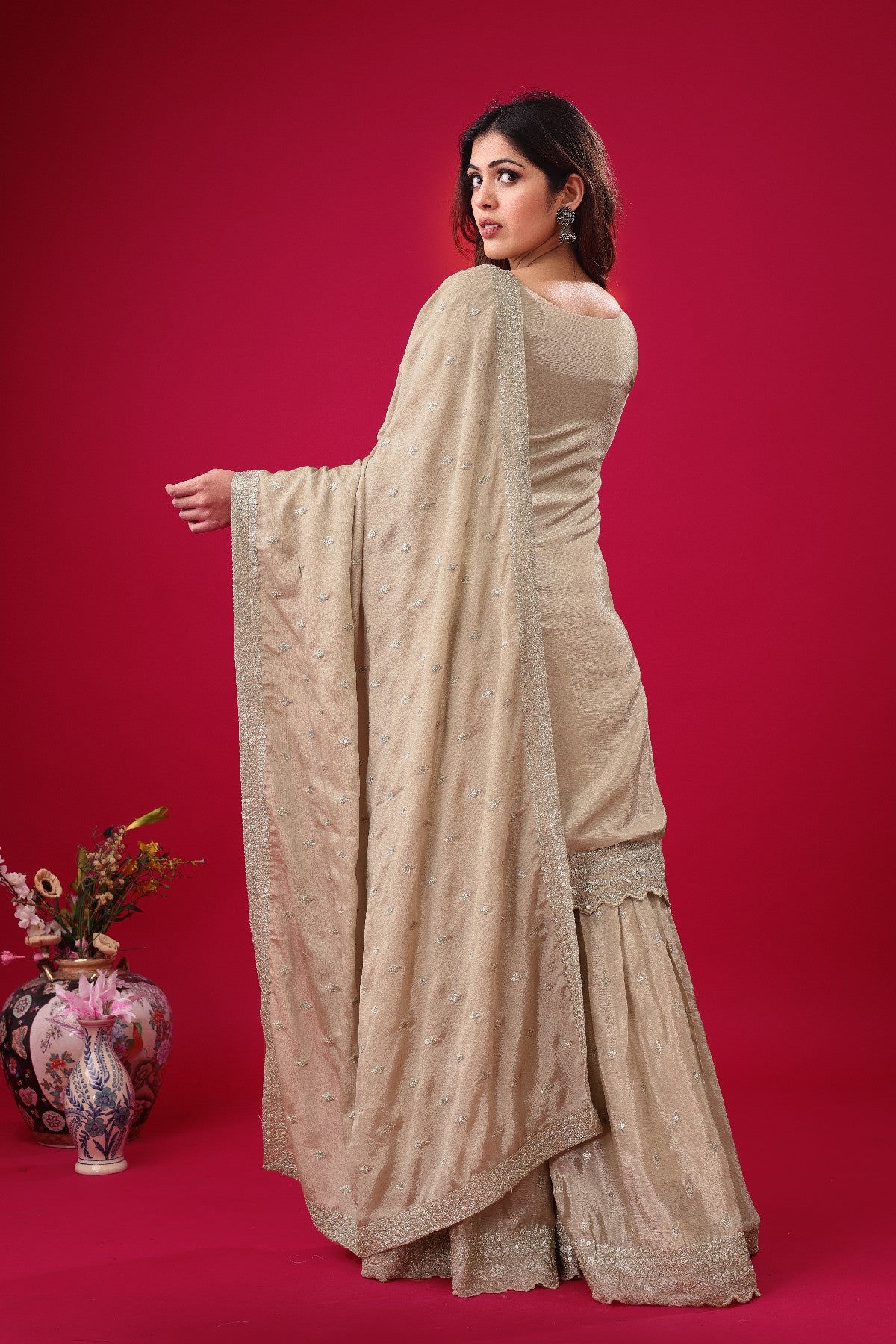 Exquisite Chinon Silk Heavy Sequins Embroidered Top Sharara Suit