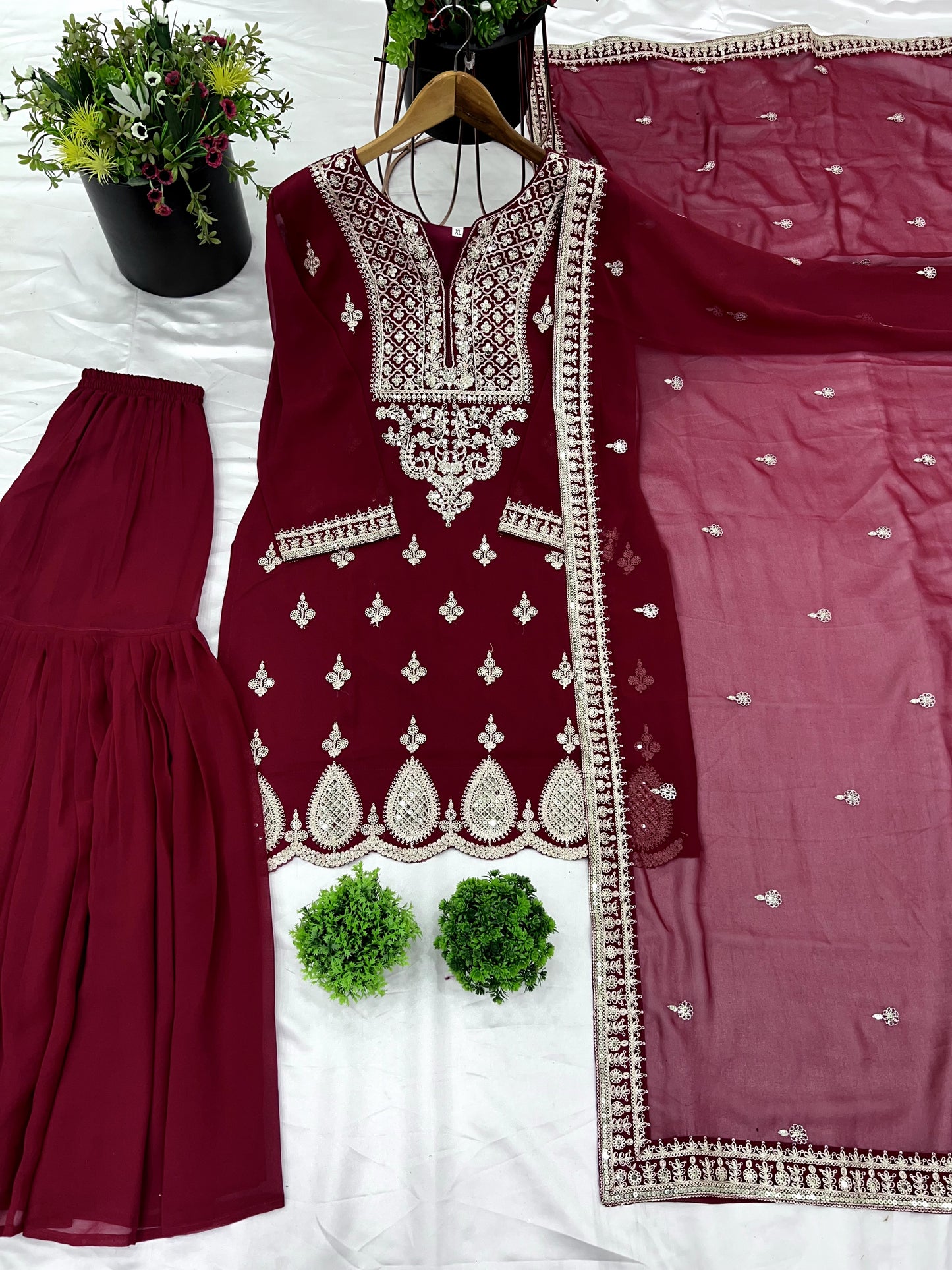 Resplendent Heavy Georgette Sequins Embroidered Top Sharara Suit
