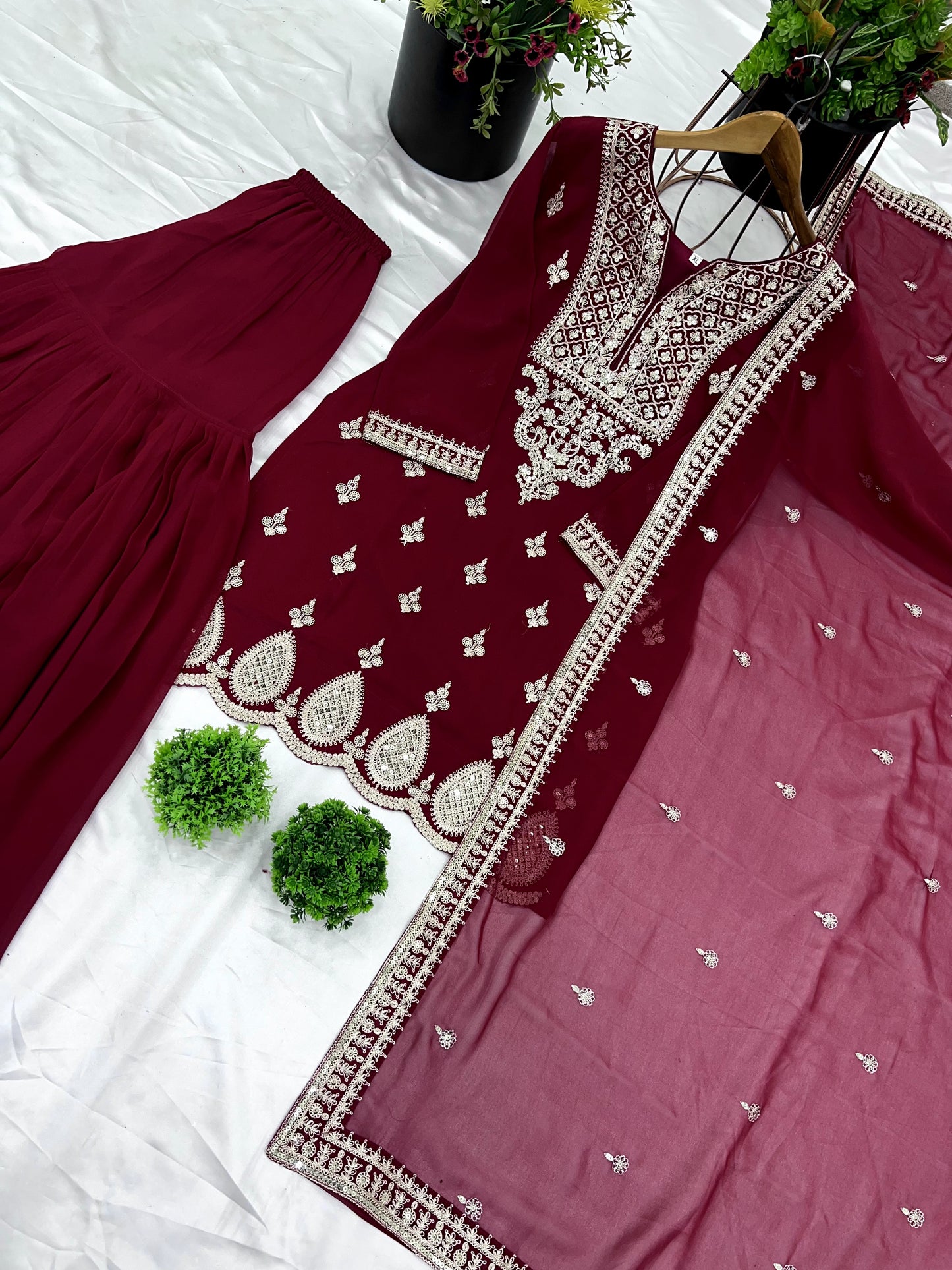 Resplendent Heavy Georgette Sequins Embroidered Top Sharara Suit