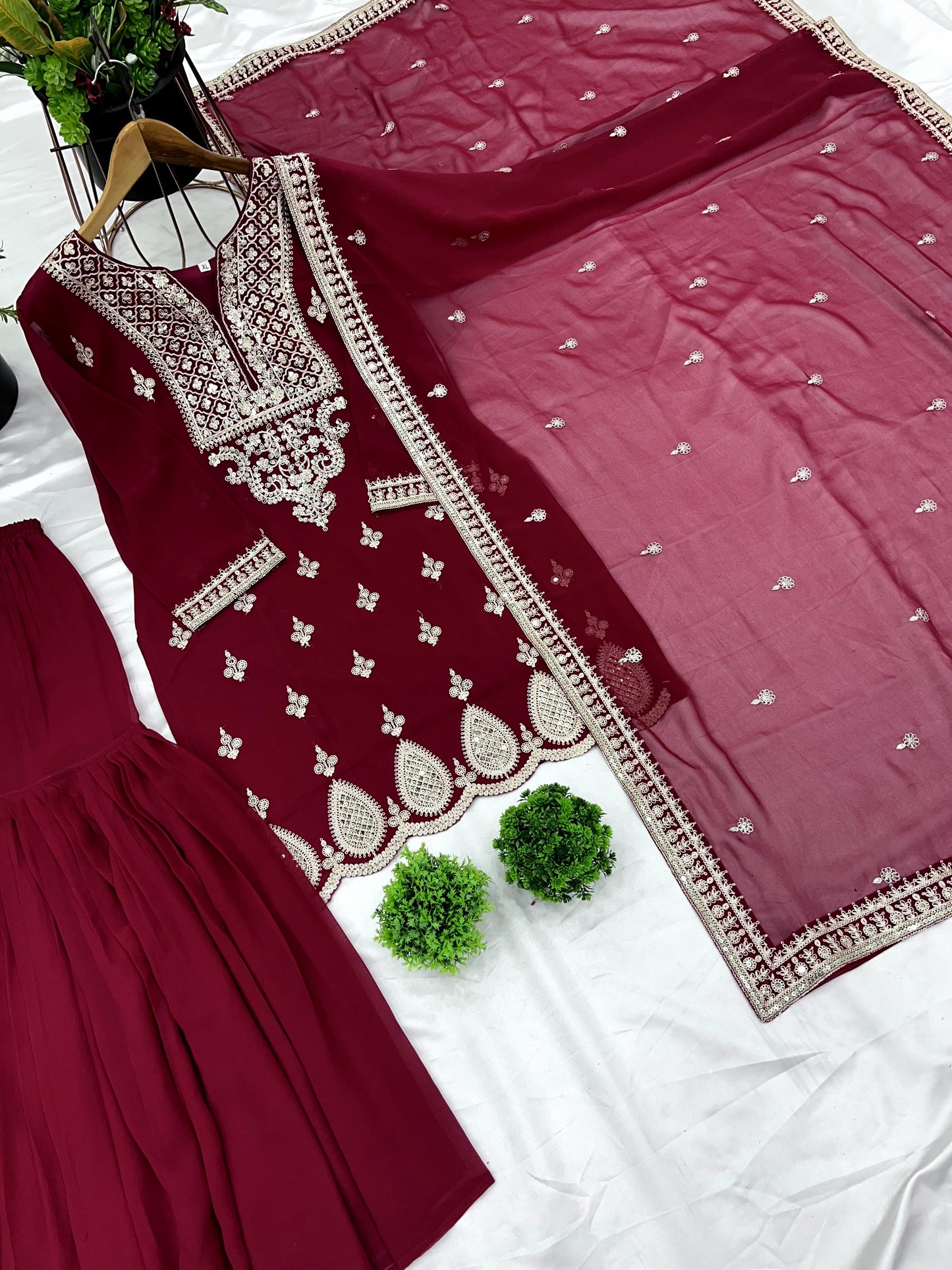 Resplendent Heavy Georgette Sequins Embroidered Top Sharara Suit