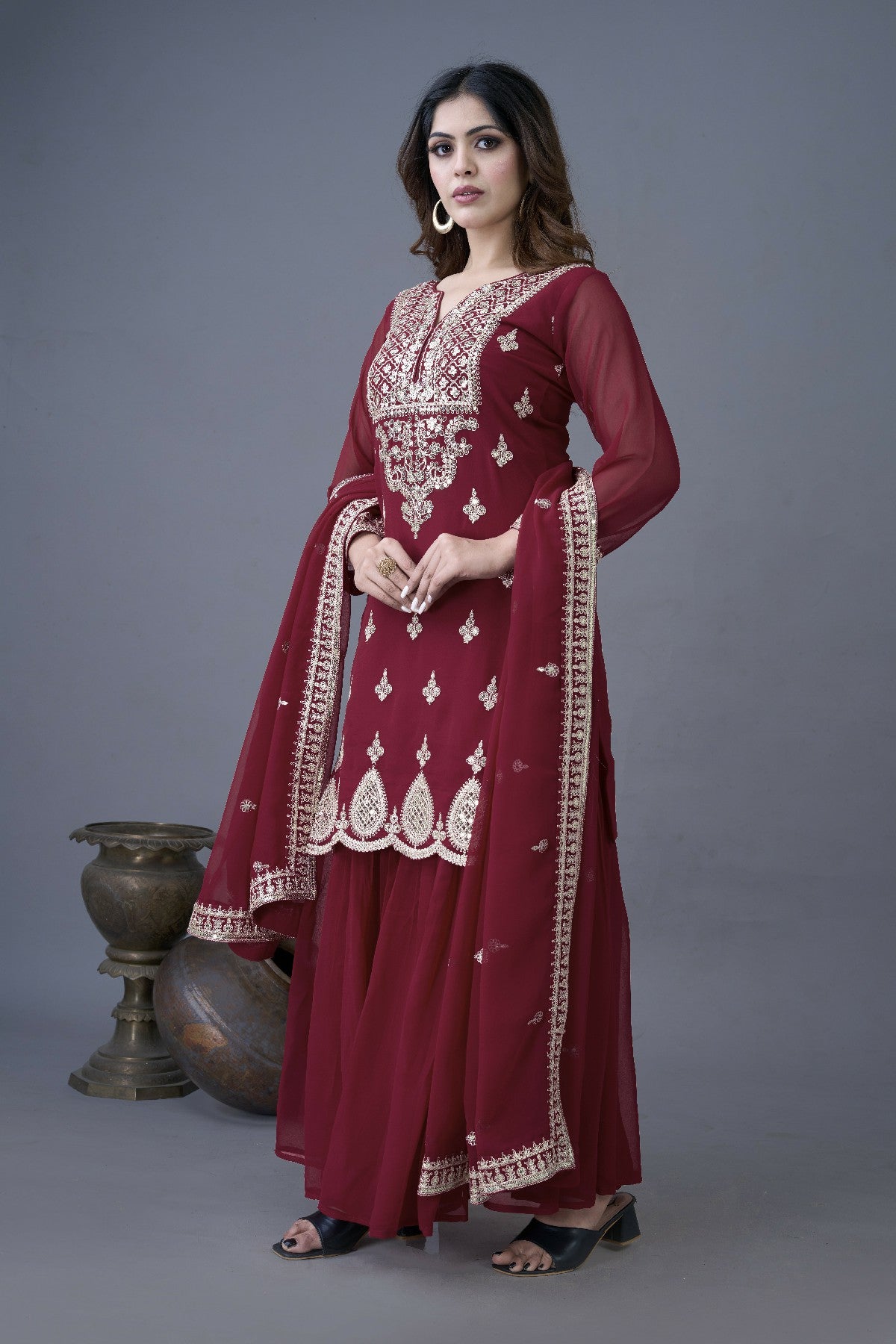 Resplendent Heavy Georgette Sequins Embroidered Top Sharara Suit