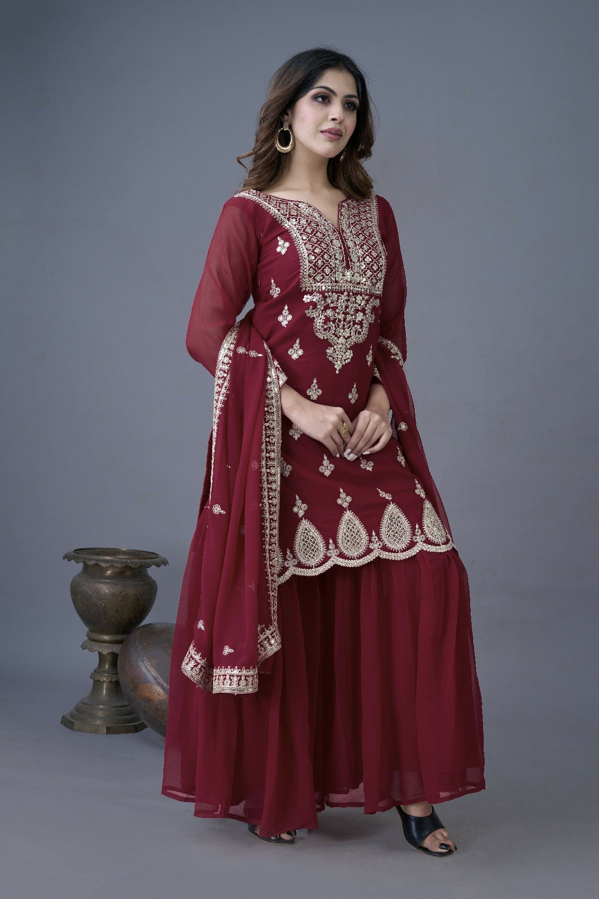 Resplendent Heavy Georgette Sequins Embroidered Top Sharara Suit