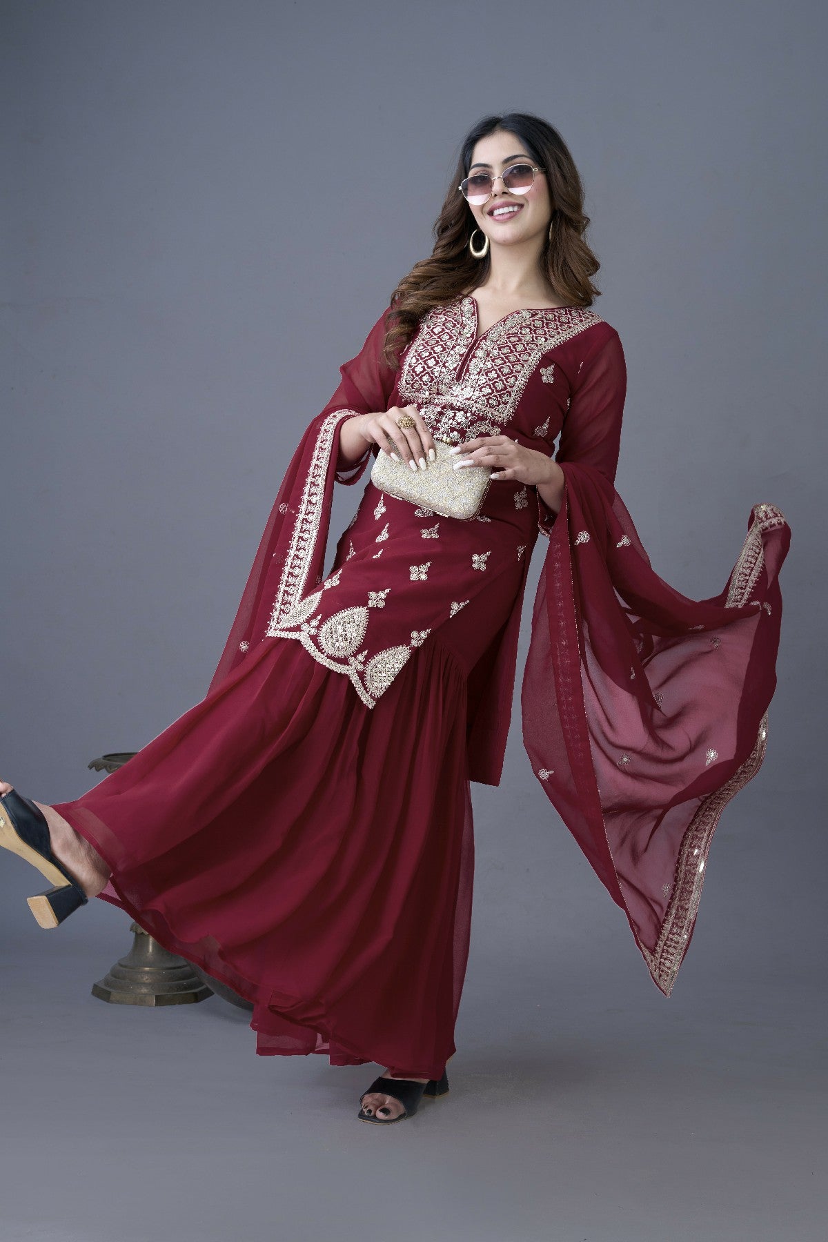 Resplendent Heavy Georgette Sequins Embroidered Top Sharara Suit