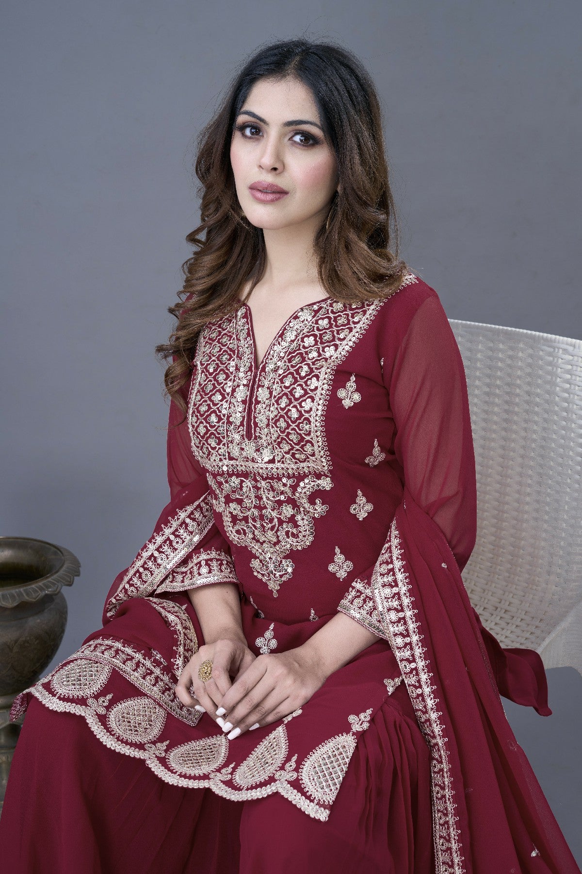 Resplendent Heavy Georgette Sequins Embroidered Top Sharara Suit