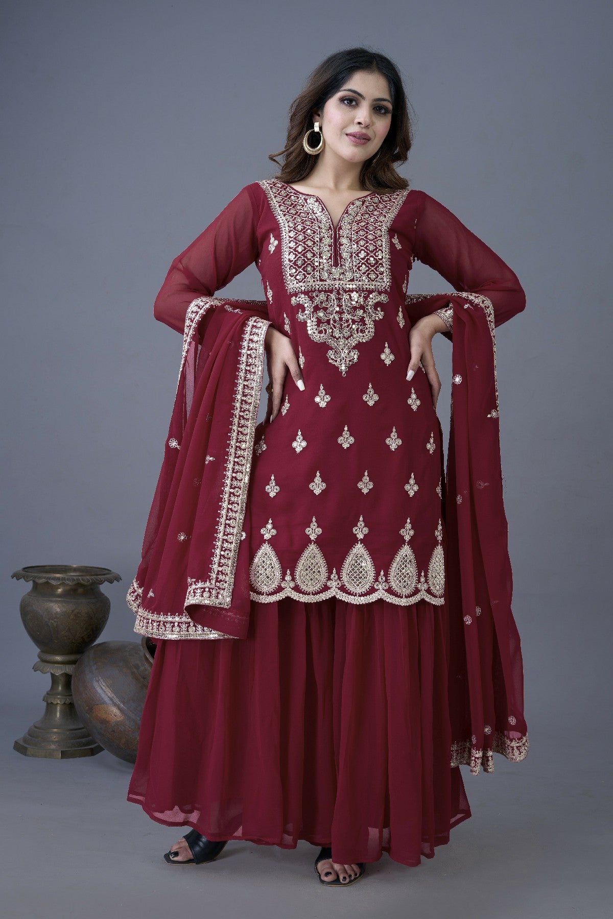 Resplendent Heavy Georgette Sequins Embroidered Top Sharara Suit