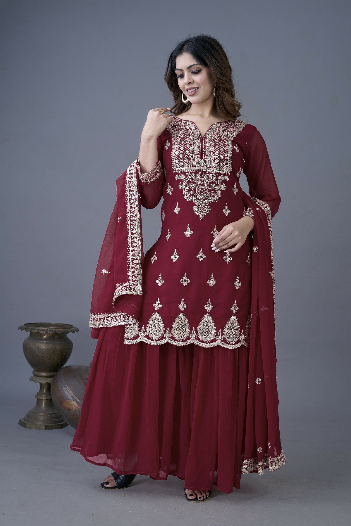 Resplendent Heavy Georgette Sequins Embroidered Top Sharara Suit
