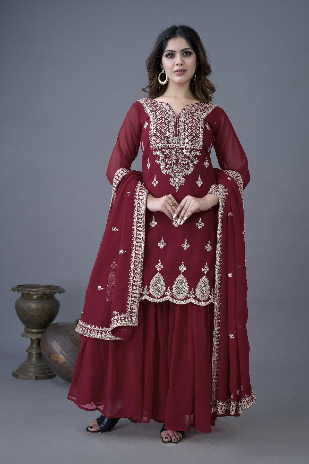 Resplendent Heavy Georgette Sequins Embroidered Top Sharara Suit