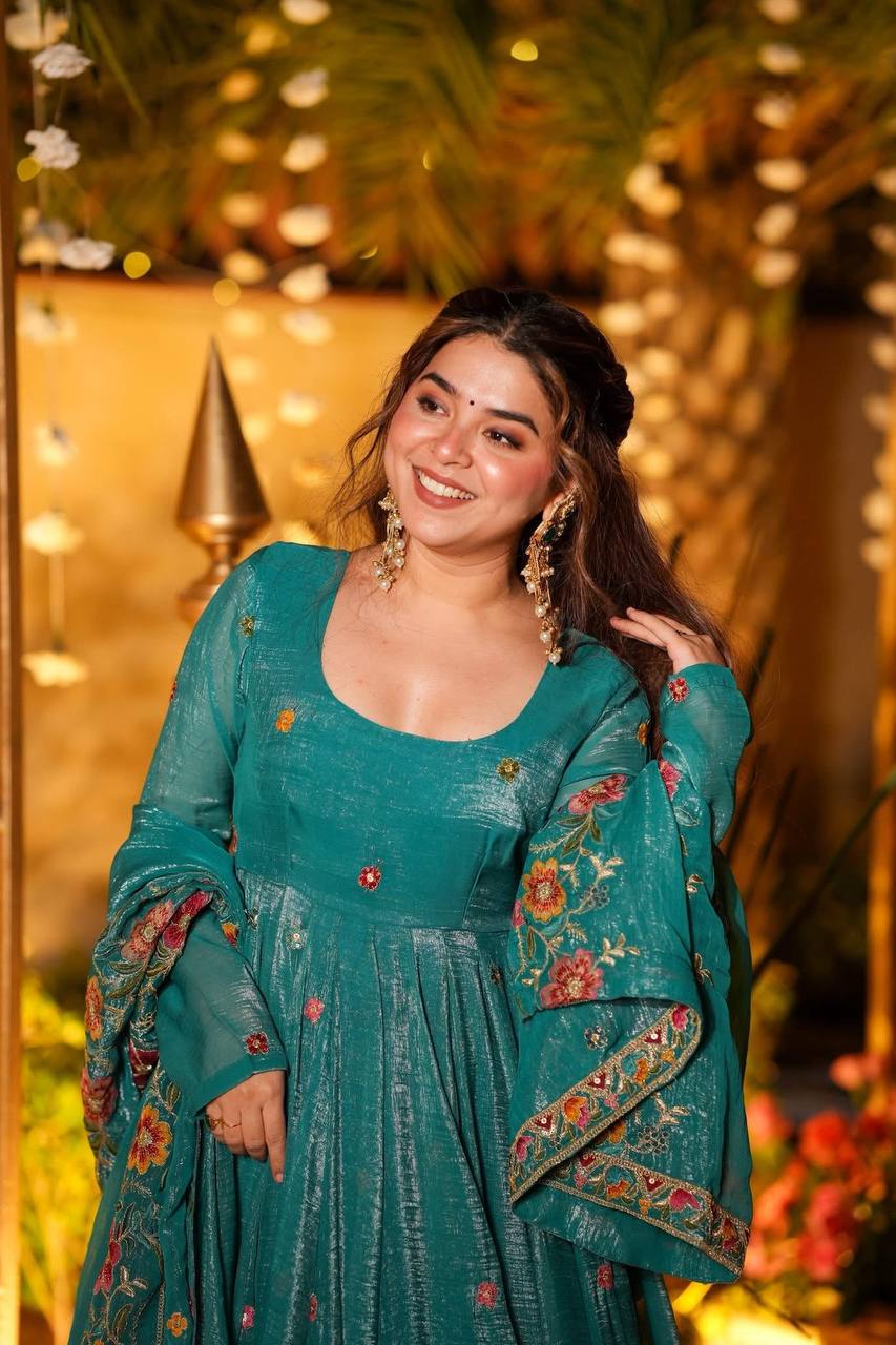 Festive Wear Soft Crunchy Silk Embroidered Gown Sharara Set with Dupatta