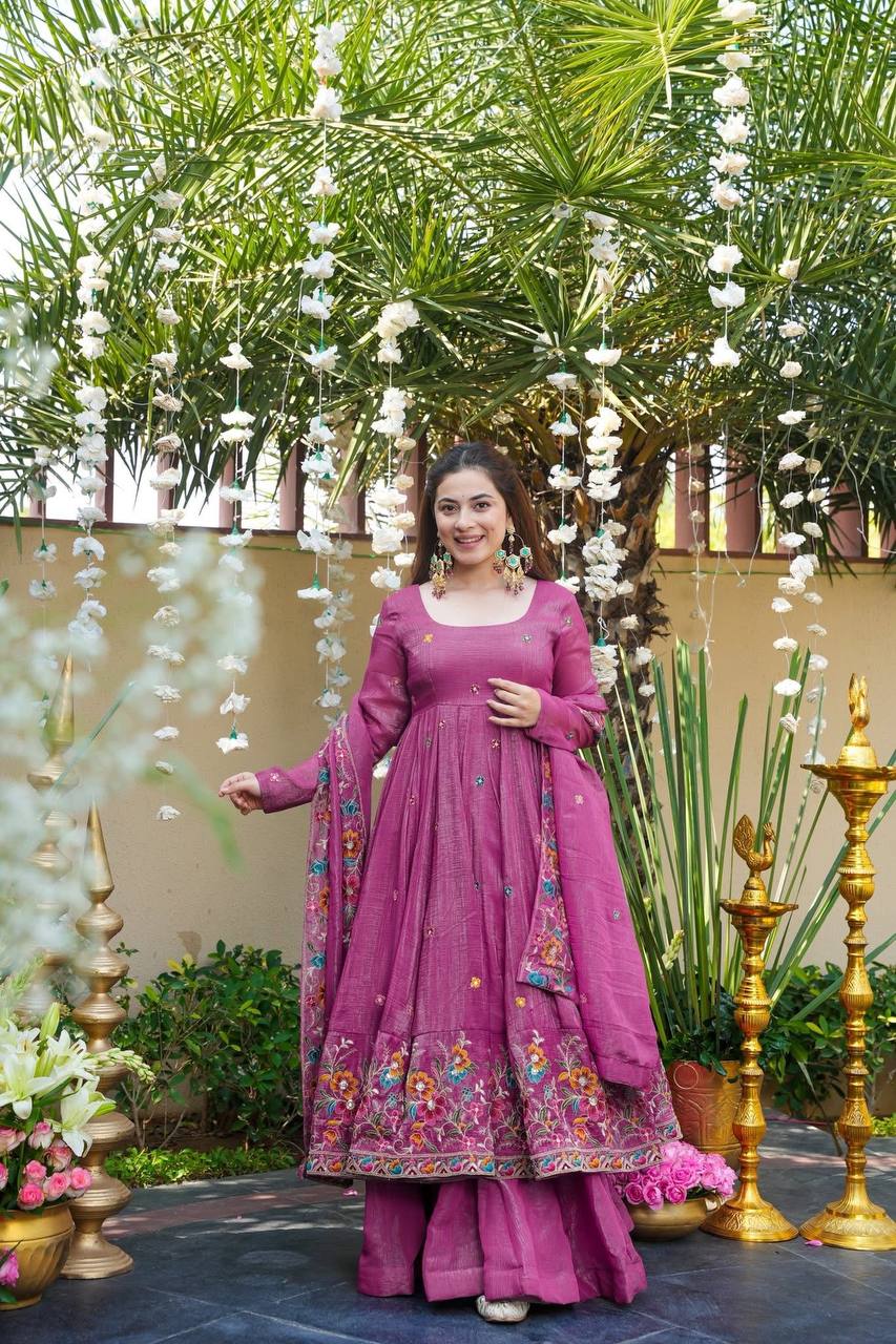 Festive Wear Soft Crunchy Silk Embroidered Gown Sharara Set with Dupatta