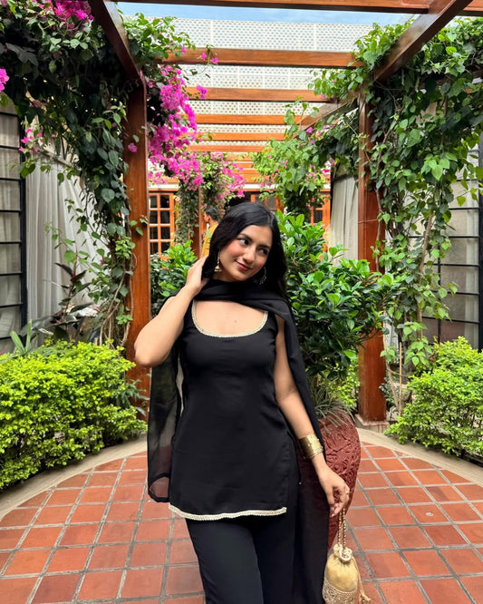 Black Georgette Suit Set for Women | 90s Inspired Party Wear Straight Fit Kurta with Dupatta | Farewell, Sangeet, Wedding & Reception Outfit