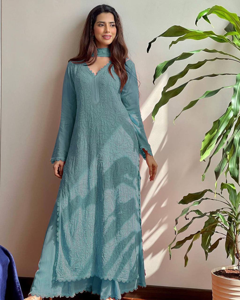 Chikankari Embroidered Kurta Palazzo Dupatta Set – Elegant Ethnic Wear for Every Occasion