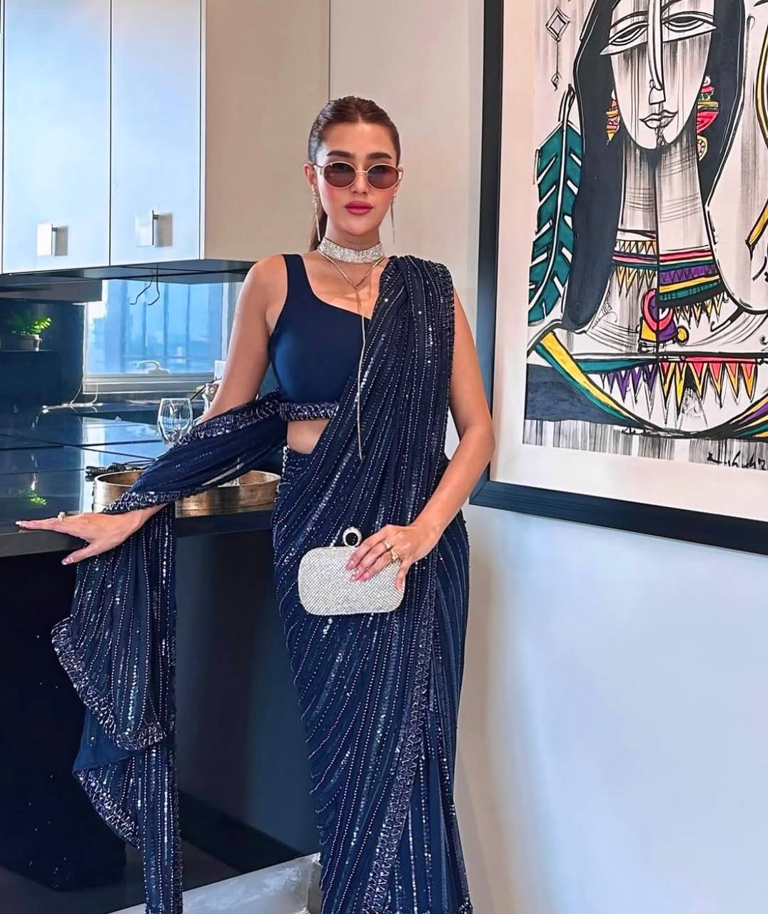 Wedding Party Wear Navy Blue Sequin Net Saree For Women