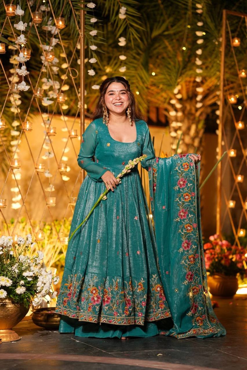 Festive Wear Soft Crunchy Silk Embroidered Gown Sharara Set with Dupatta
