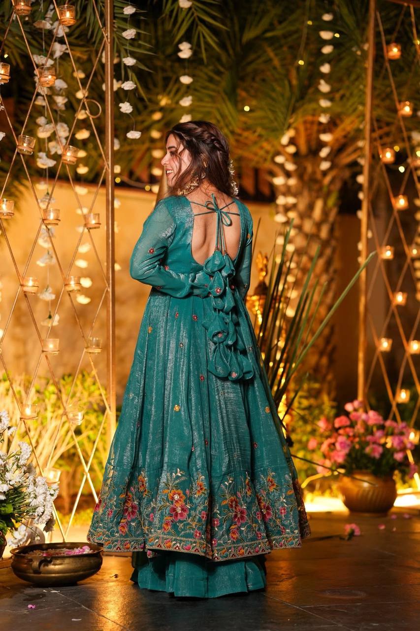 Festive Wear Soft Crunchy Silk Embroidered Gown Sharara Set with Dupatta