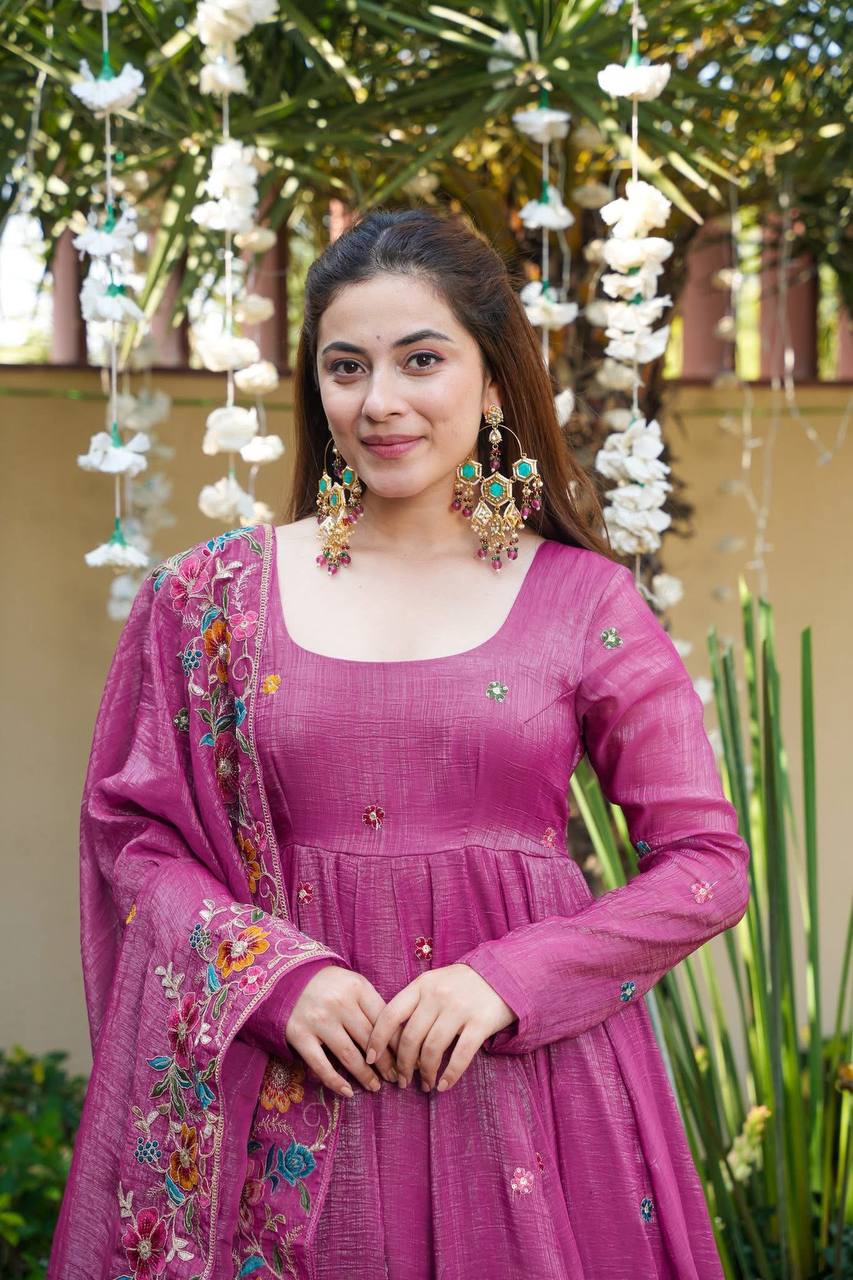 Festive Wear Soft Crunchy Silk Embroidered Gown Sharara Set with Dupatta
