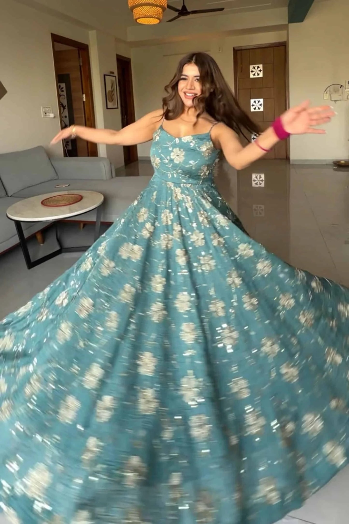 Designer Teal Blue Hand Bead Work Anarkali Set for woman Sangeet, Wedding & Party Wear