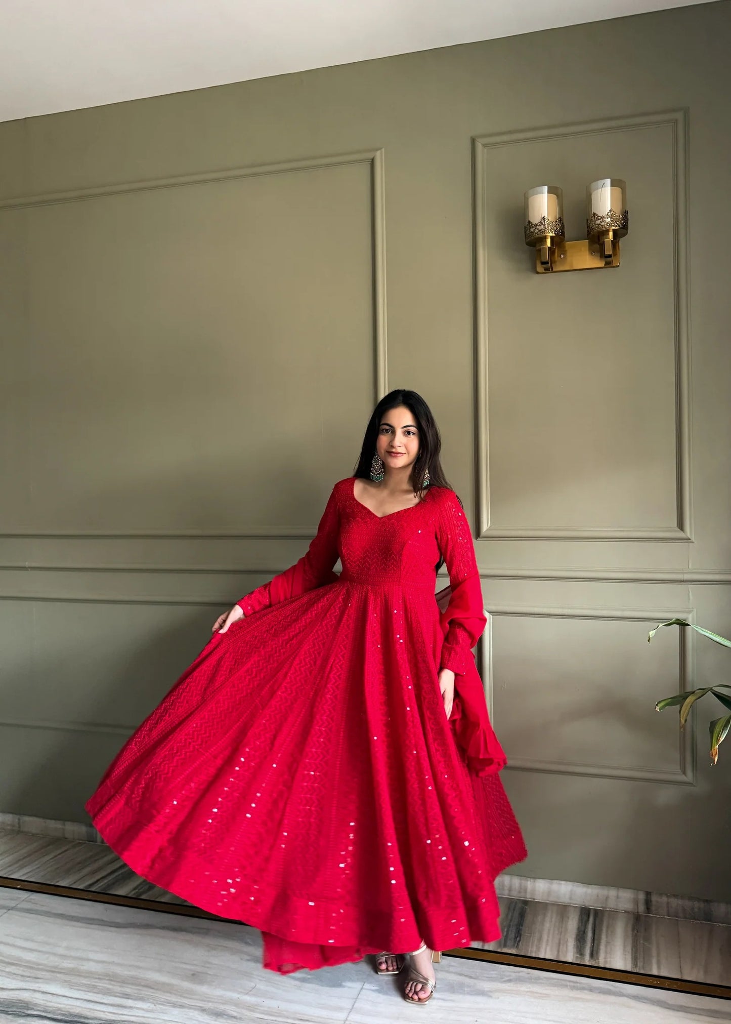 Designer Red Lucknowi Embroidered Anarkali Gown Set with Ruffle Dupatta | Wedding & Party Wear