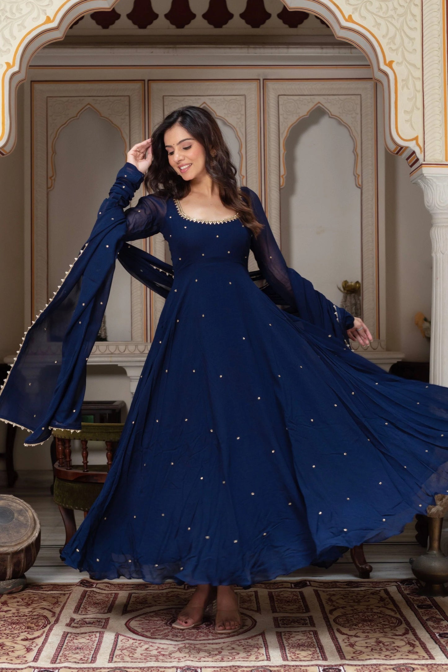 Navy Blue Georgette Anarkali Suit Set for Women | Designer Bead & Sequin Work Gown with Dupatta | Wedding, Sangeet & Party Wear