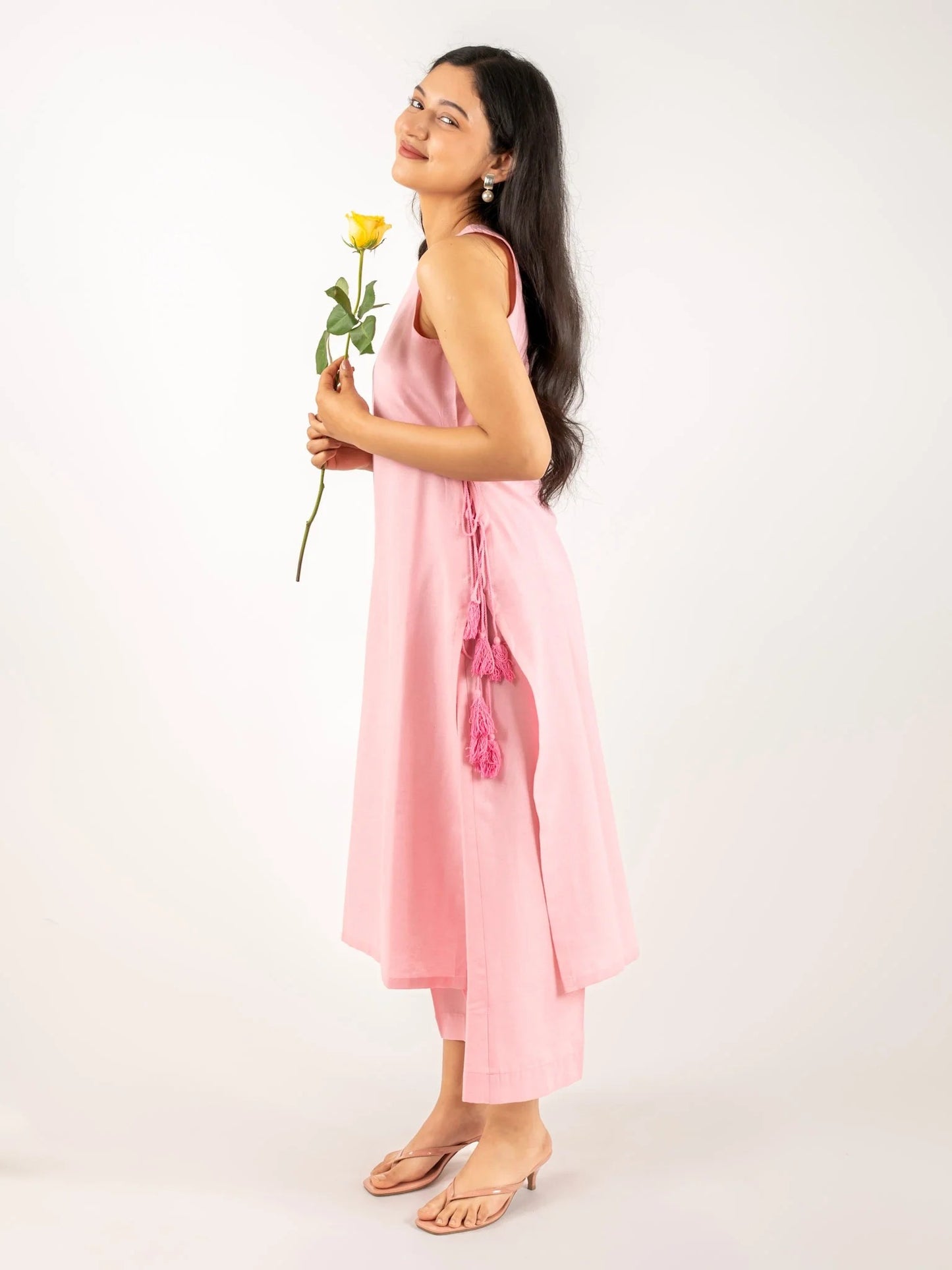 Light Pink Cotton Kurta Pant Dupatta Set for Women | Sleeveless Ethnic Suit with Culottes & Dupatta | Summer Festive & Casual Wear