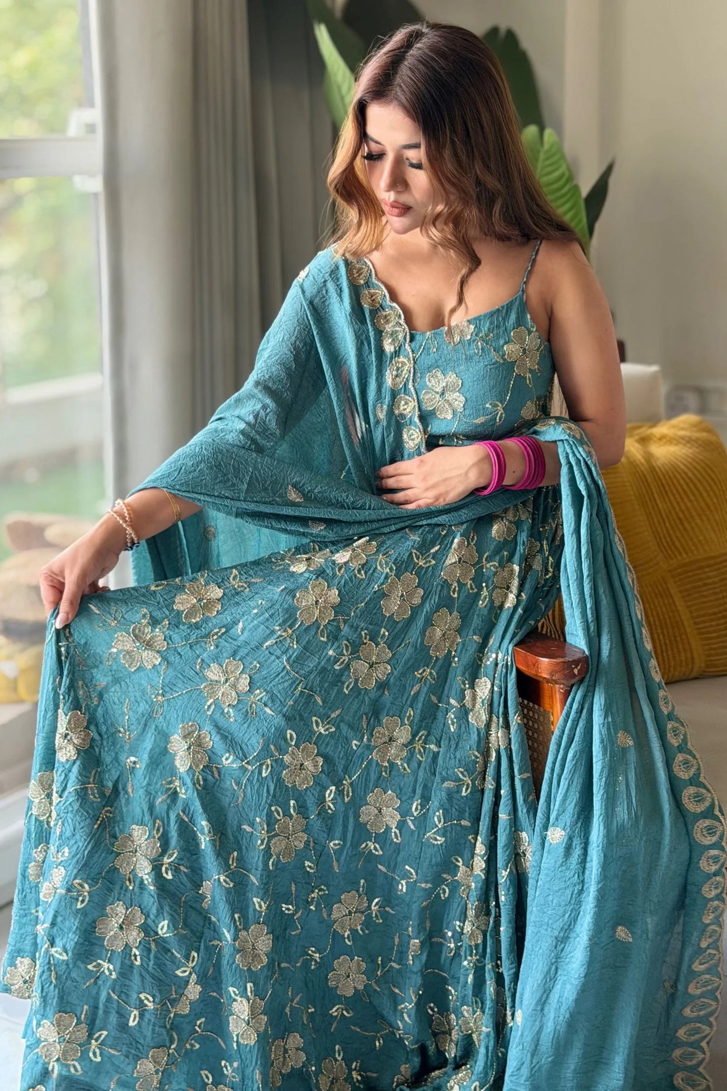 Designer Teal Blue Hand Bead Work Anarkali Set for woman Sangeet, Wedding & Party Wear