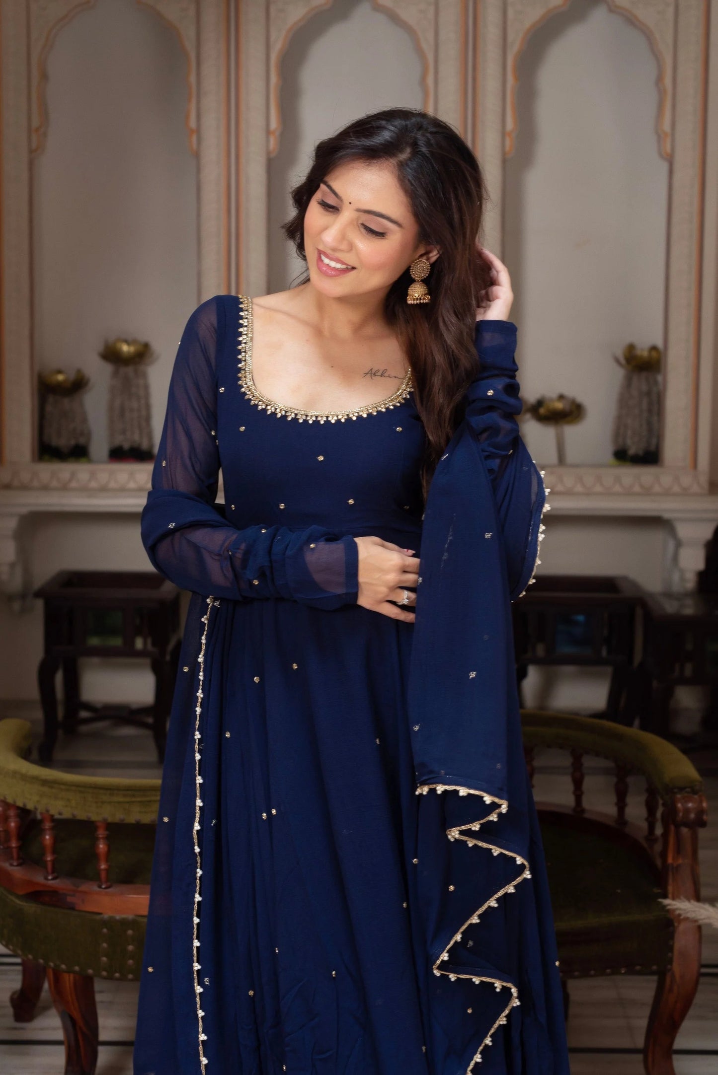 Navy Blue Georgette Anarkali Suit Set for Women | Designer Bead & Sequin Work Gown with Dupatta | Wedding, Sangeet & Party Wear
