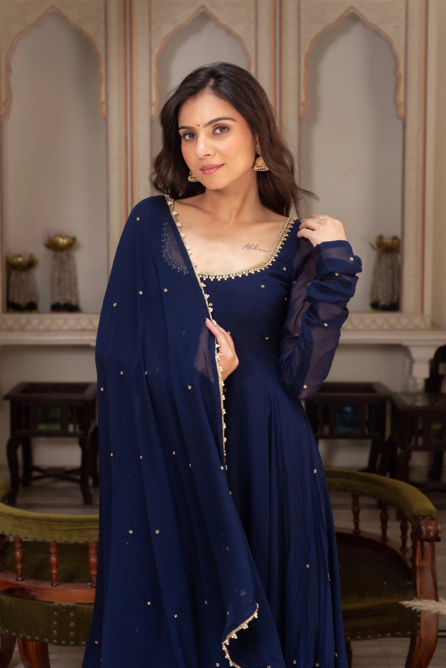 Navy Blue Georgette Anarkali Suit Set for Women | Designer Bead & Sequin Work Gown with Dupatta | Wedding, Sangeet & Party Wear