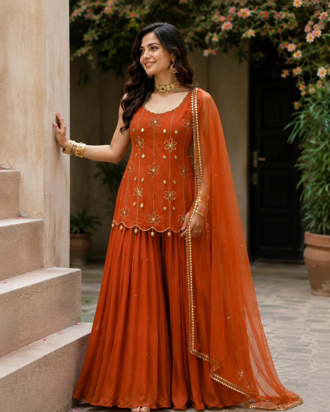 Wedding & party Wear Warm Ocher Color Sharara Suit Set for Woman