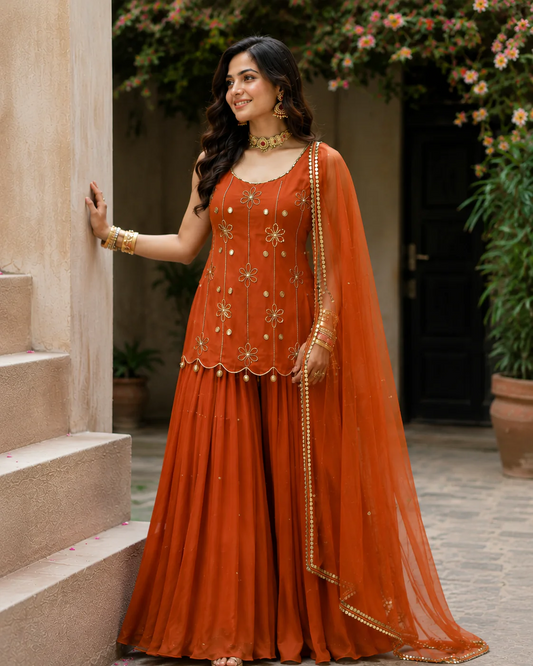 Wedding & party Wear Warm Ocher Color Sharara Suit Set for Woman