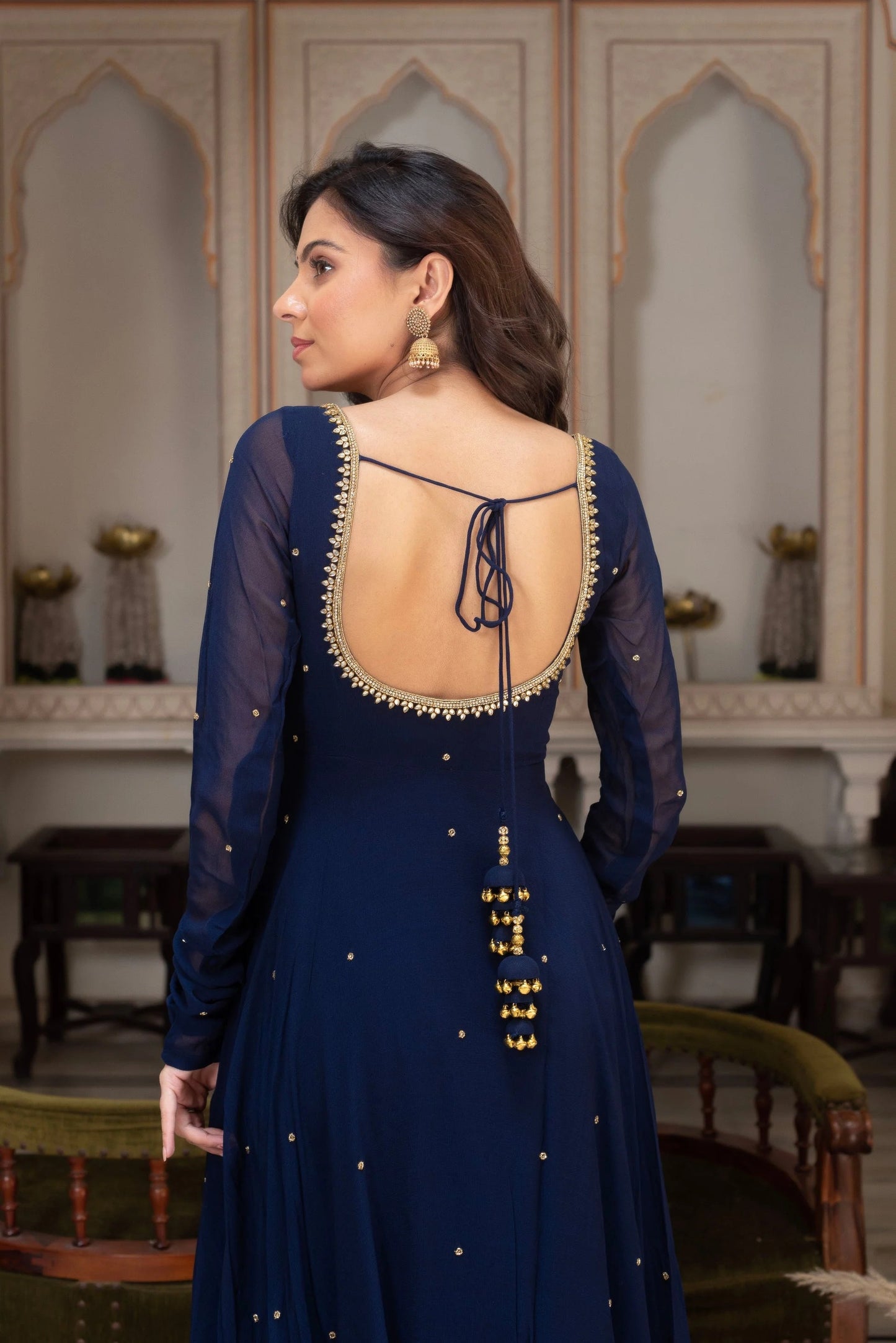 Navy Blue Georgette Anarkali Suit Set for Women | Designer Bead & Sequin Work Gown with Dupatta | Wedding, Sangeet & Party Wear