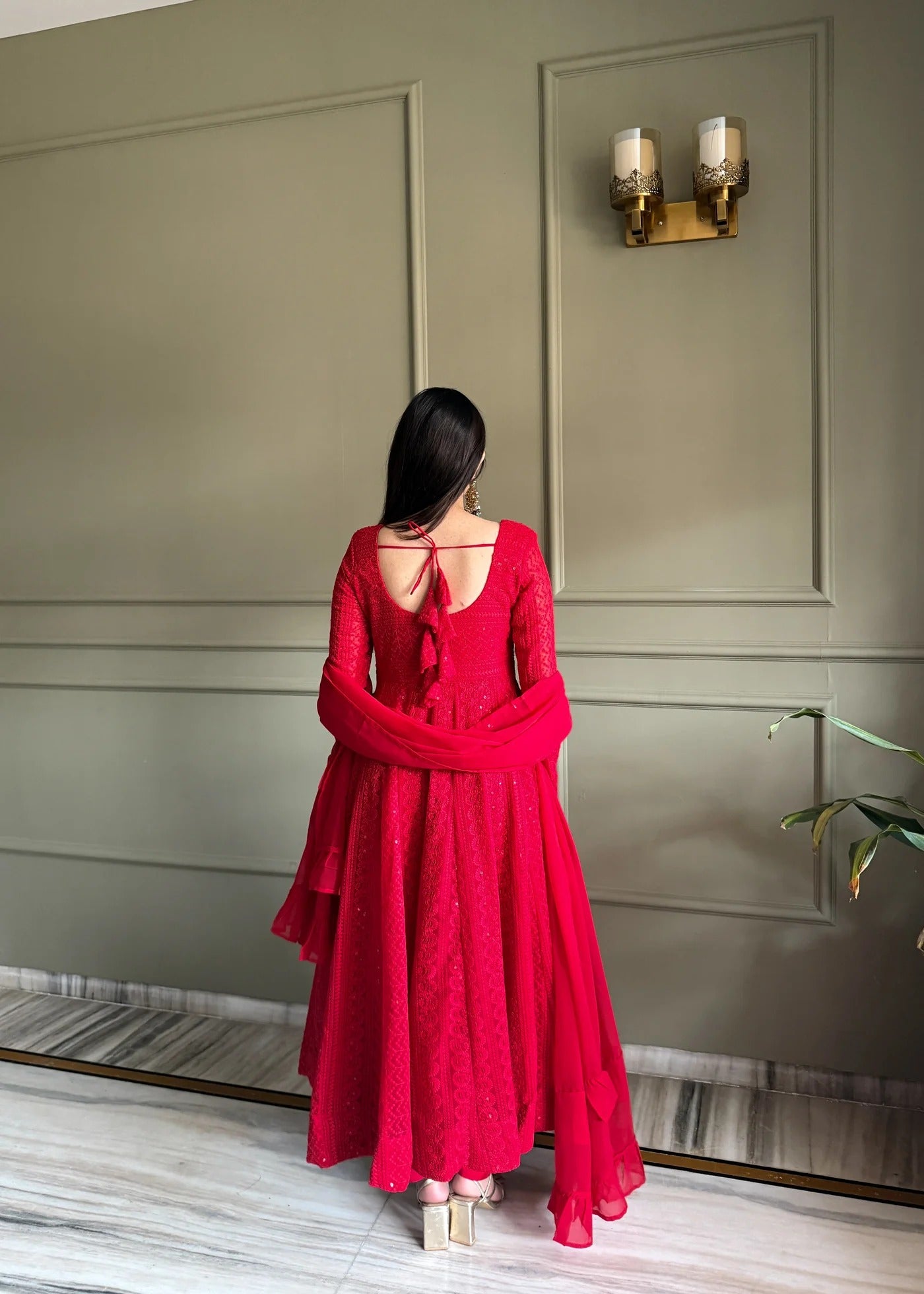 Designer Red Lucknowi Embroidered Anarkali Gown Set with Ruffle Dupatta | Wedding & Party Wear