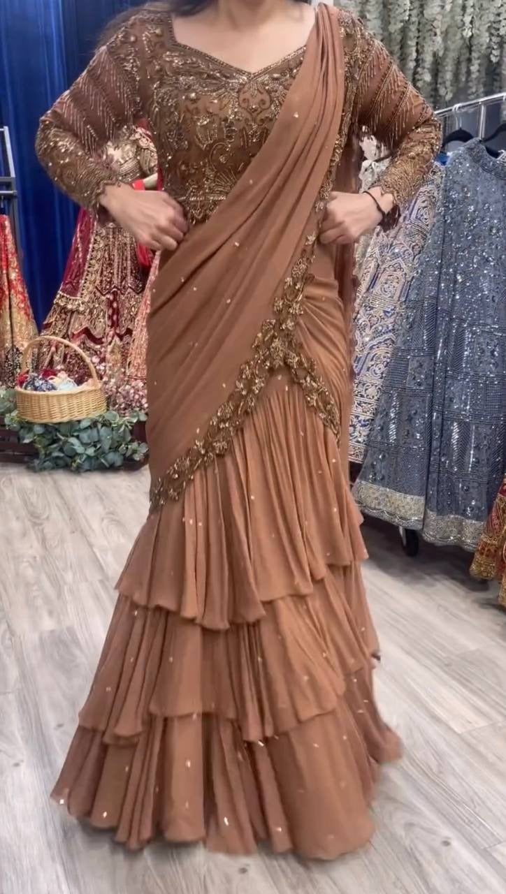 Dusty Brown Ready To Wear Lehenga Saree With Thread & Sequence Work For Wedding, Reception & Party Wear