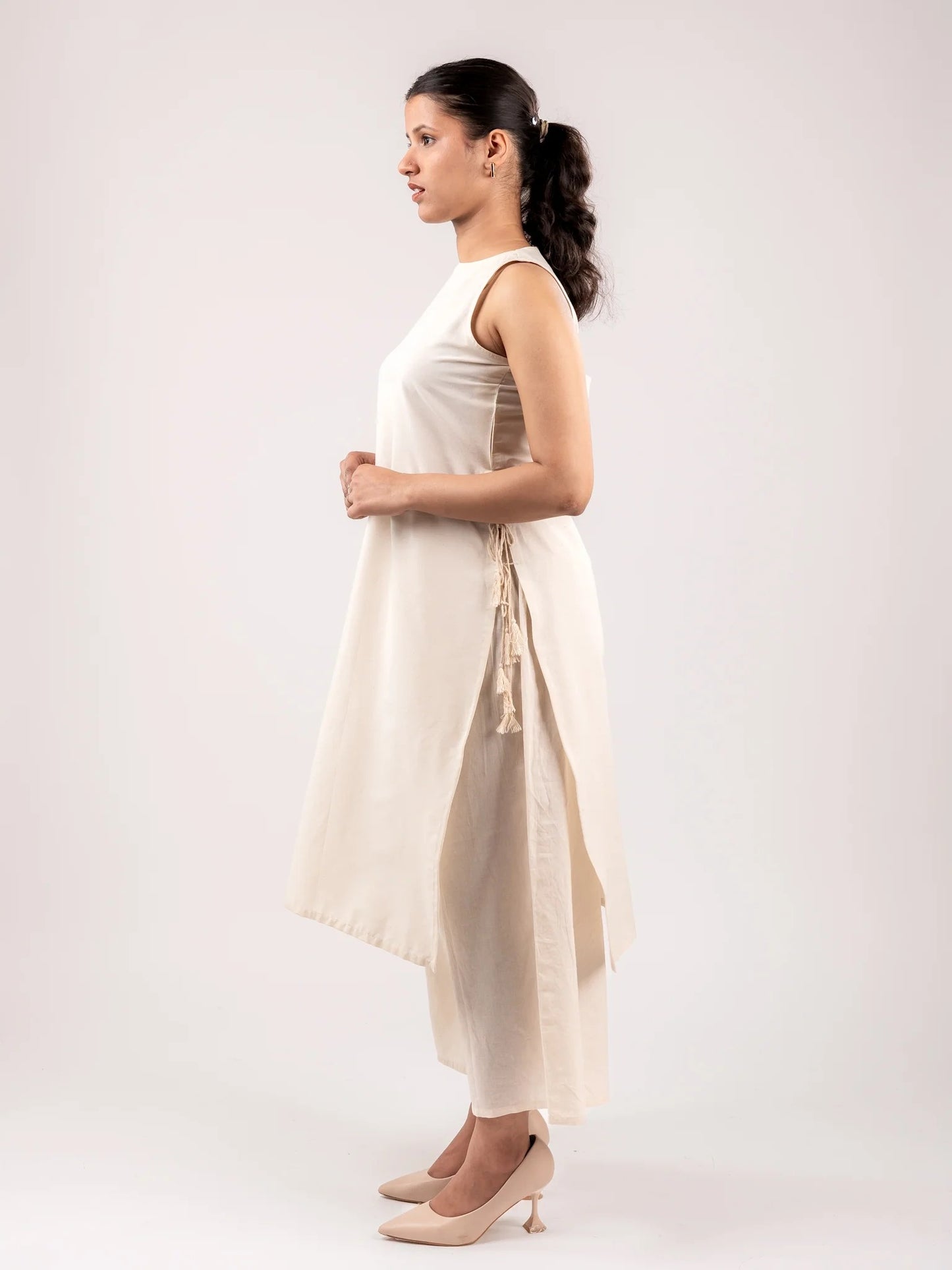 Light Pink Cotton Kurta Pant Dupatta Set for Women | Sleeveless Ethnic Suit with Culottes & Dupatta | Summer Festive & Casual Wear