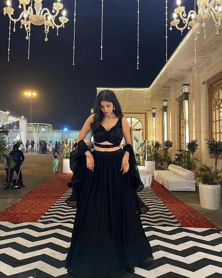 Black Sequins Embroidered Georgette Lehenga Choli Set With Dupatta For Party, Reception & Wedding Wear