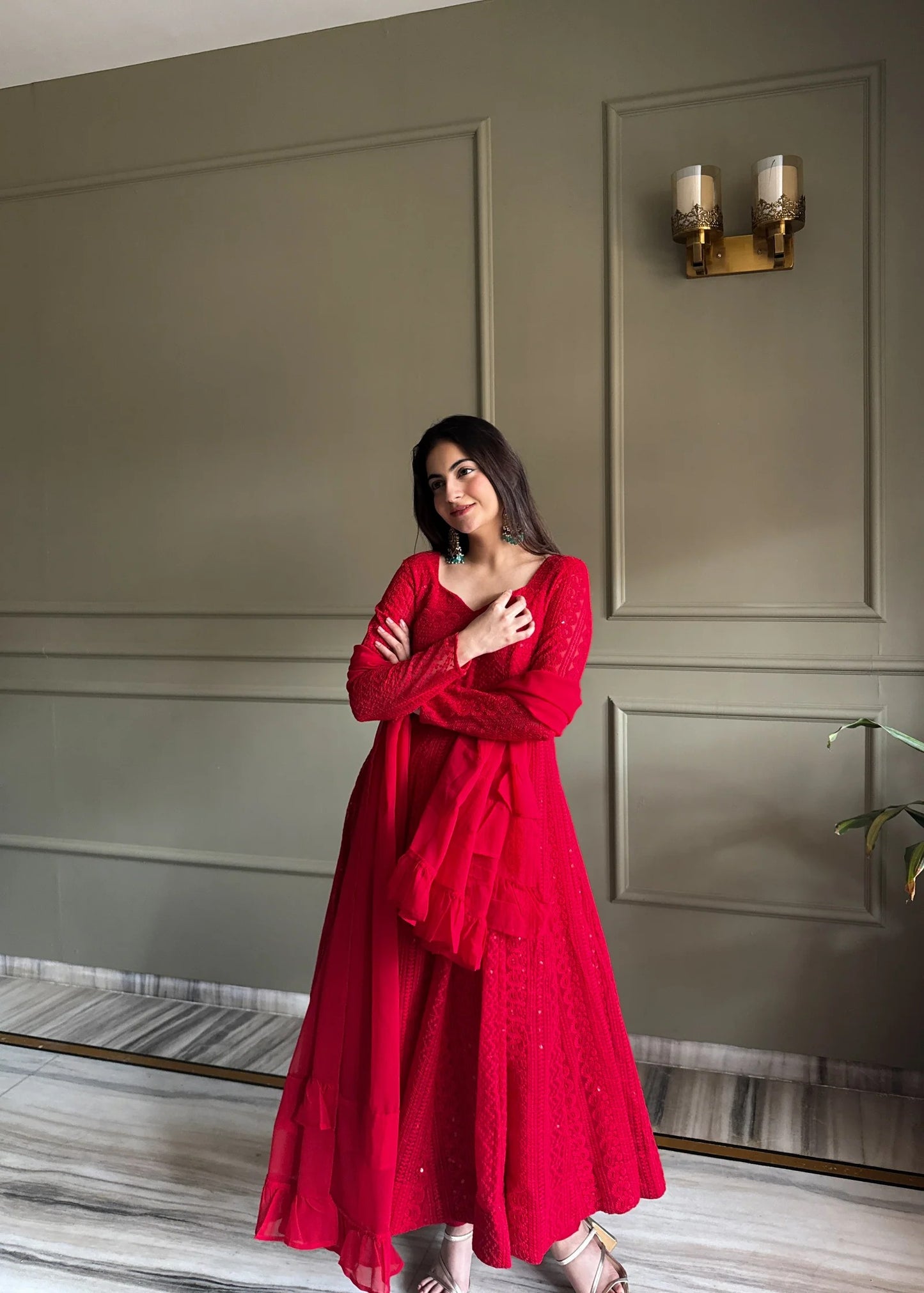 Designer Red Lucknowi Embroidered Anarkali Gown Set with Ruffle Dupatta | Wedding & Party Wear