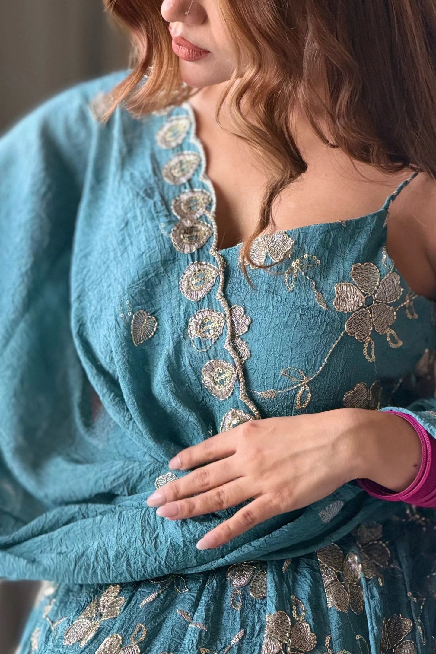 Designer Teal Blue Hand Bead Work Anarkali Set for woman Sangeet, Wedding & Party Wear
