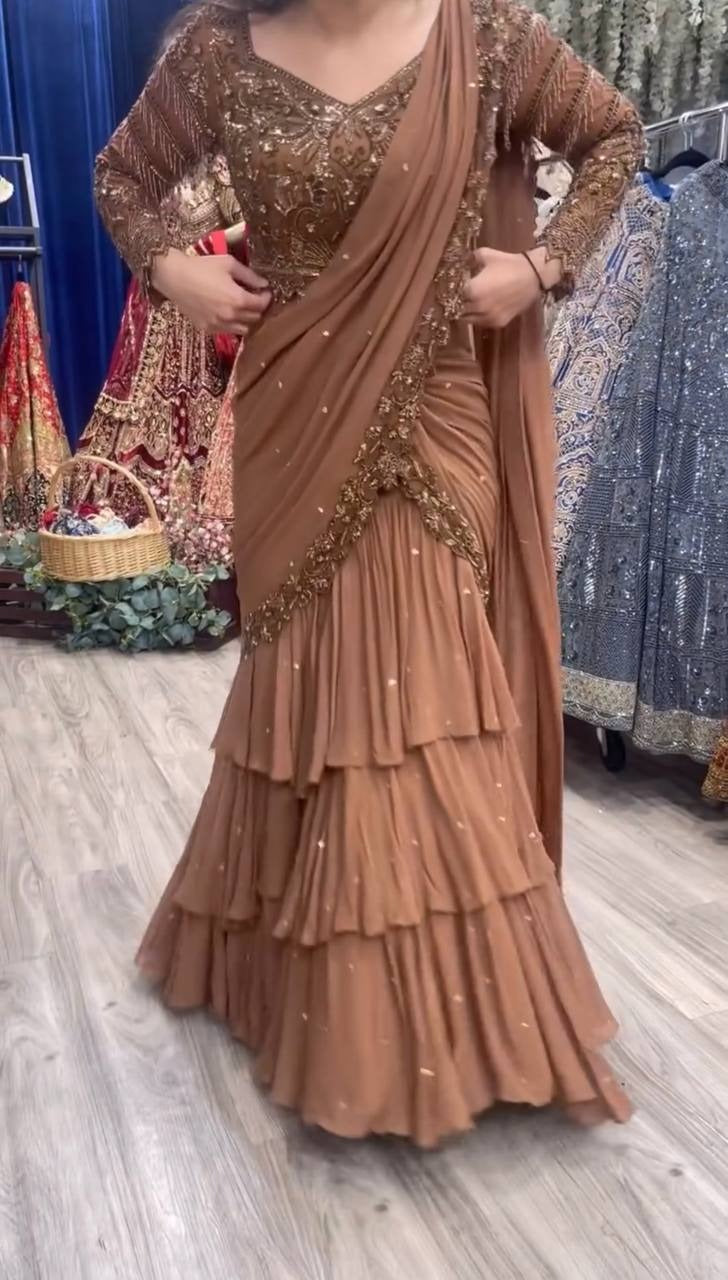 Dusty Brown Ready To Wear Lehenga Saree With Thread & Sequence Work For Wedding, Reception & Party Wear