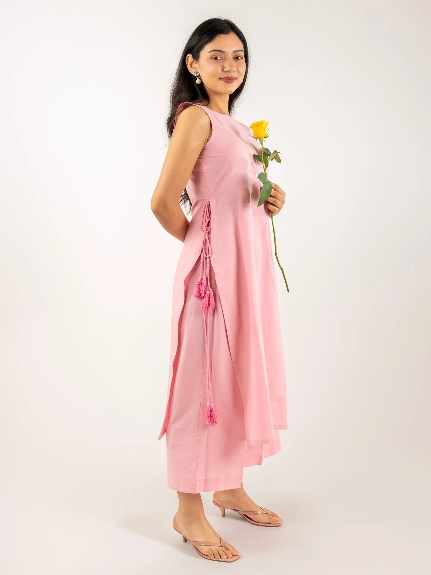 Light Pink Cotton Kurta Pant Dupatta Set for Women | Sleeveless Ethnic Suit with Culottes & Dupatta | Summer Festive & Casual Wear