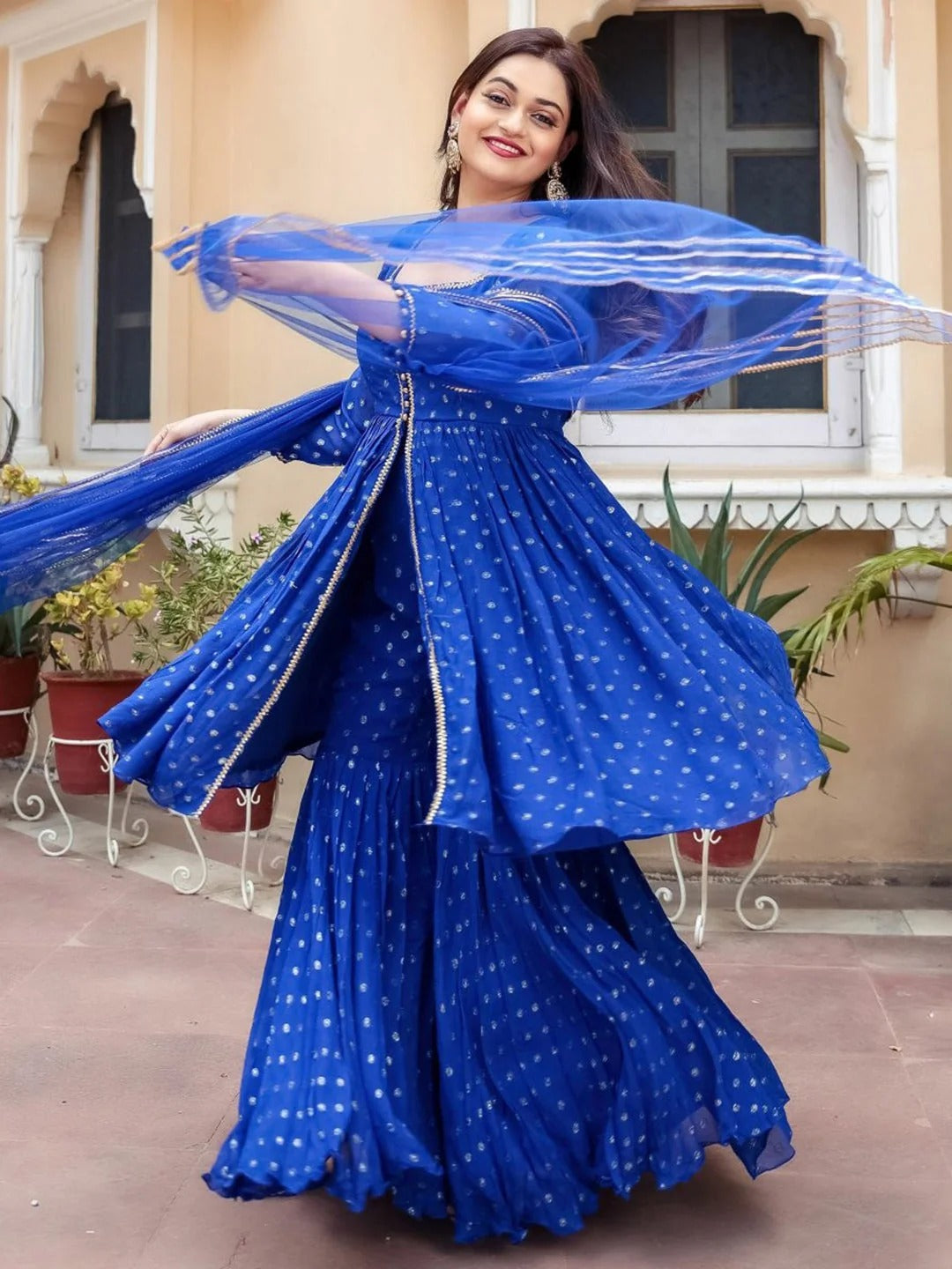 Designer Royal Blue Georgette Sharara Suit Set | Designer Embroidered Kurta & Sharara | Party & Wedding Wear
