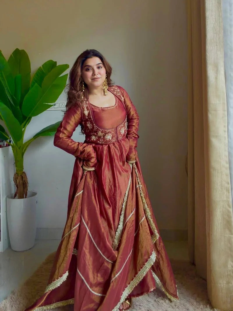 Women’s Wine Cosmos Silk Anarkali Suit Set with Koti & Dupatta | Wedding, Sangeet & Party Wear