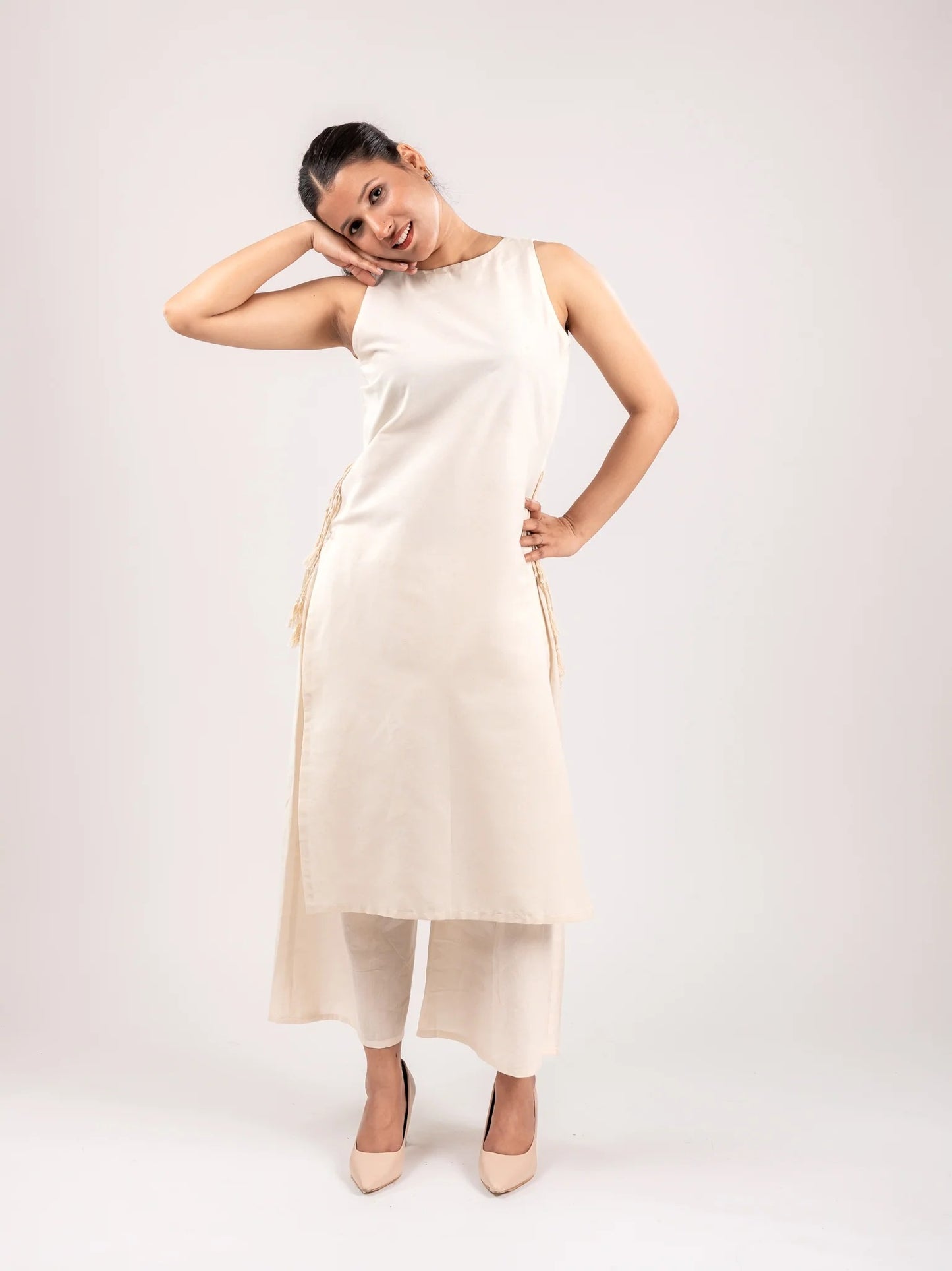 Light Pink Cotton Kurta Pant Dupatta Set for Women | Sleeveless Ethnic Suit with Culottes & Dupatta | Summer Festive & Casual Wear