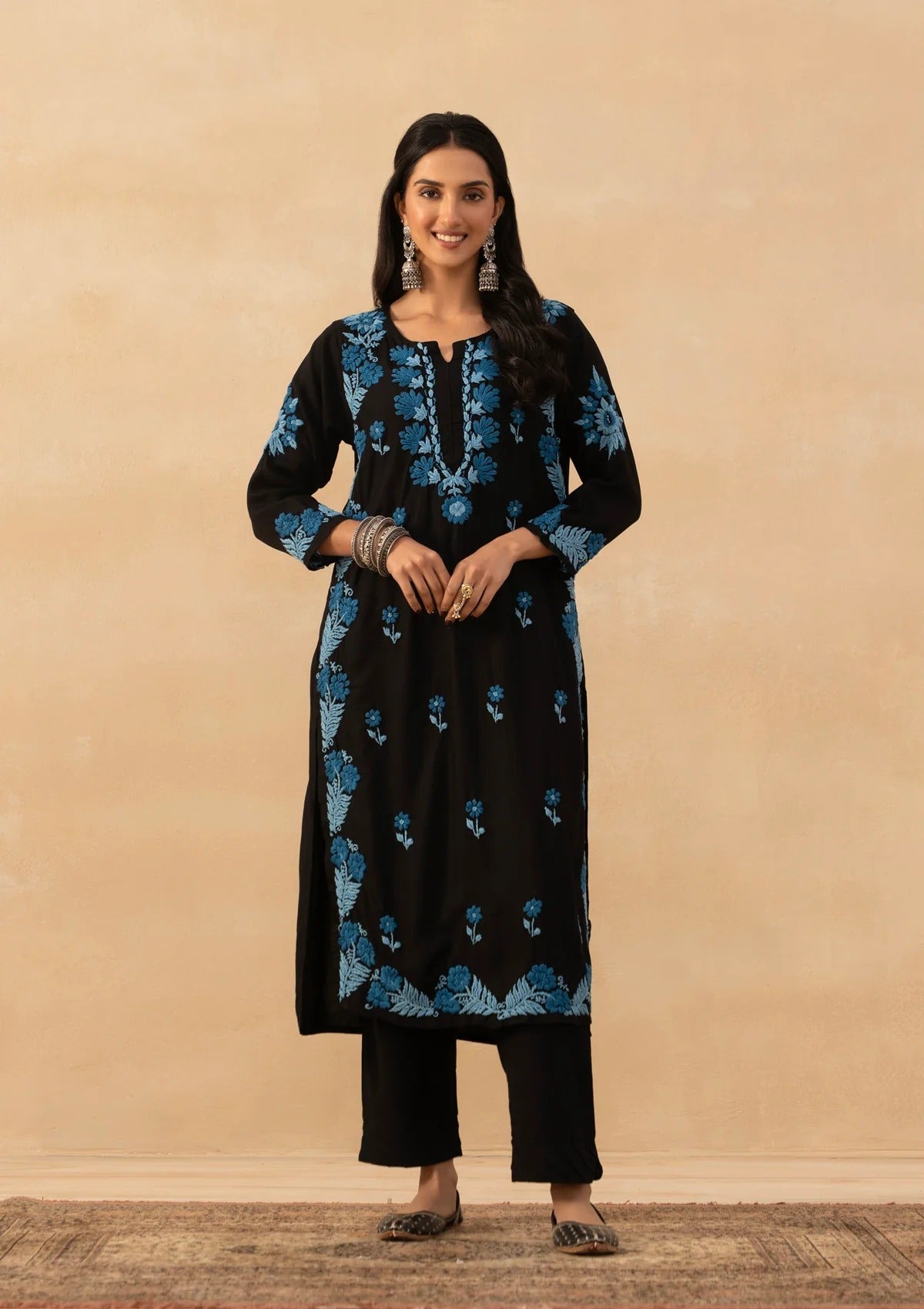Office & Festive Wear Black Roman Silk Kurta Pant Set with Blue Thread Embroidery work for woman