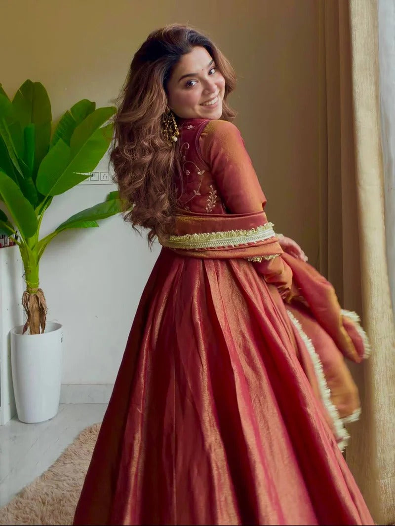 Women’s Wine Cosmos Silk Anarkali Suit Set with Koti & Dupatta | Wedding, Sangeet & Party Wear