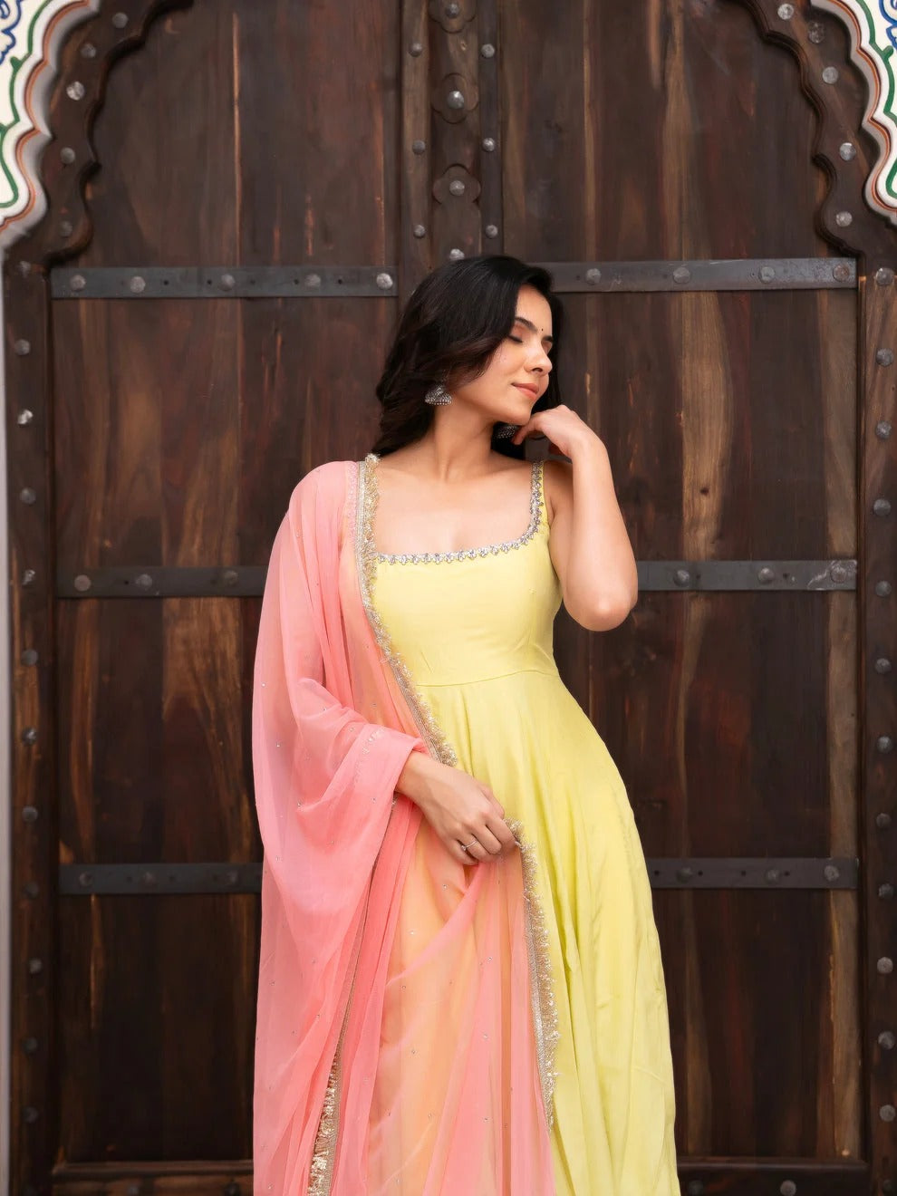 Yellow Faux Georgette Anarkali Suit Set with Pink Dupatta | 7 Meter Flare Festive & Wedding Wear
